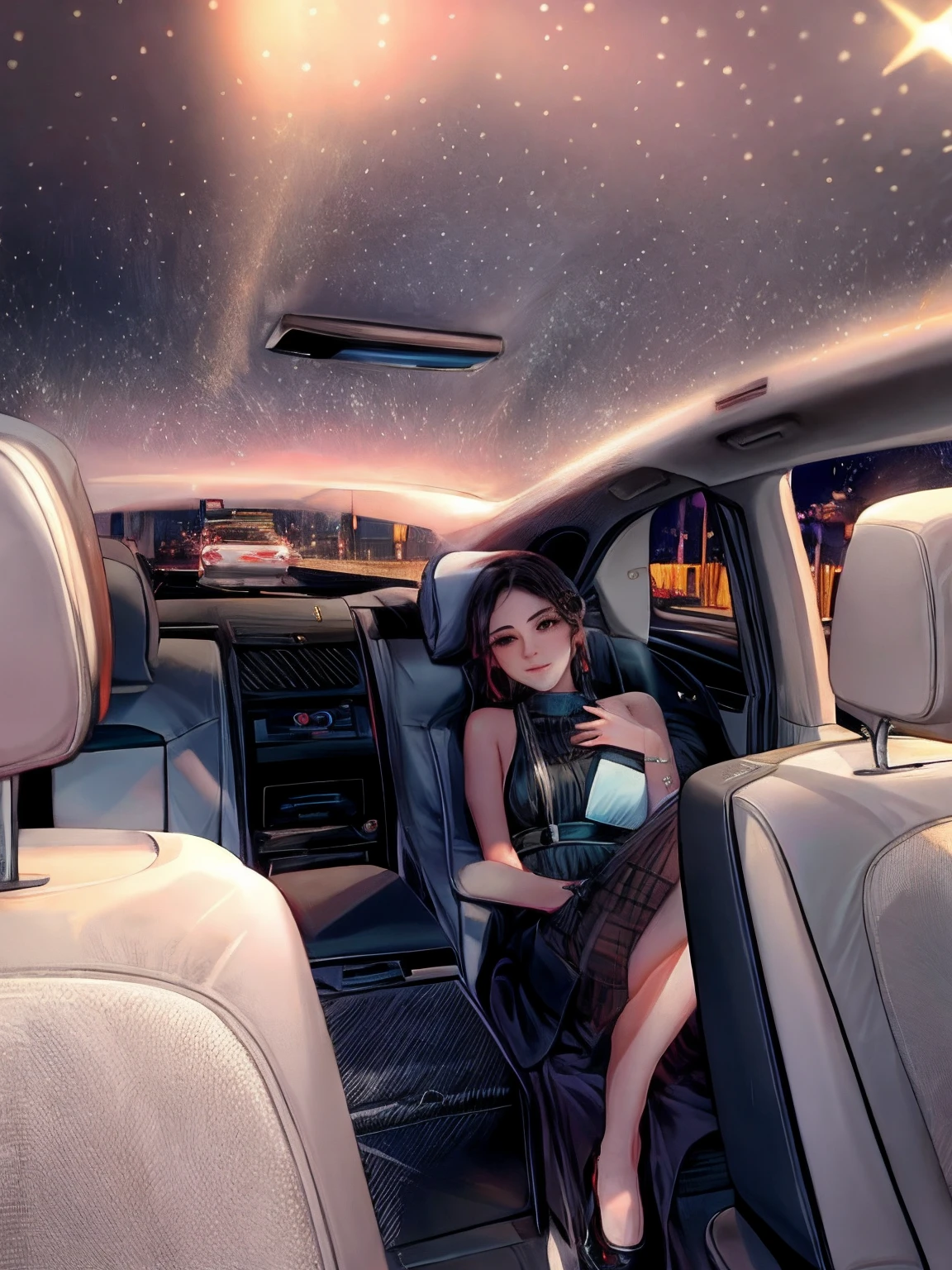 there is a woman sitting in the back seat of a car, sits in her car, LuxuryLifestyle, Luxurious, Celebrity, luxurious environment, luxury goods, With stars, dilraba dilmurat, zmonzheng, in majestic, 🤬 🤮 💕 🎀, High picture quality, ellegance, top down angle, luxury advertisement, high end interior, Gemma Chen