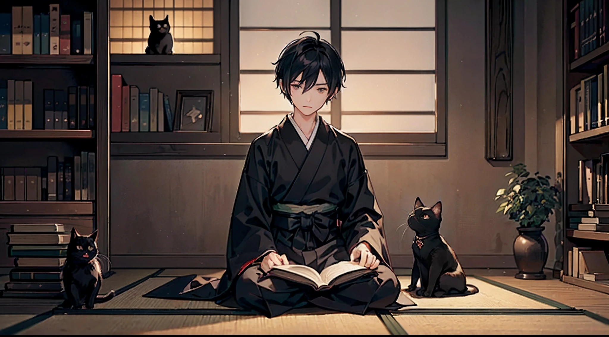 #night sky (darkness of night,no light),
#one writing boy ( male、Honor Students、A dark-haired、short-hair、hakama,sit flat),
#black room at night (no light,black cat,wooden low table,one candle,pretty tatami,a lot of books,bookshelf)