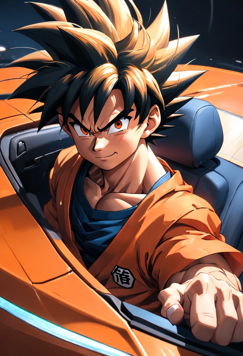 "um detalhado, Hyper-realistic illustration of Goku wearing his orange clothes driving a car, with a smiling expression, cidade agitada, estilo anime, arte limpa e detalhada, estilo de arte de Akira Toriyama, Dramatic lighting and hyper-realistic drawing style."
