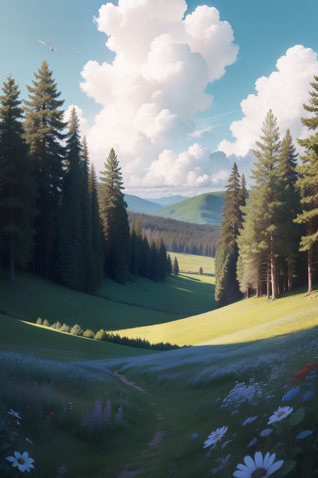 Realisticstyle,Wide viewing angle, A clearing in a forest full of wildflowers,Clear blue sky,massive clouds,There are running rabbits in the meadow,There are birds flying in the sky
