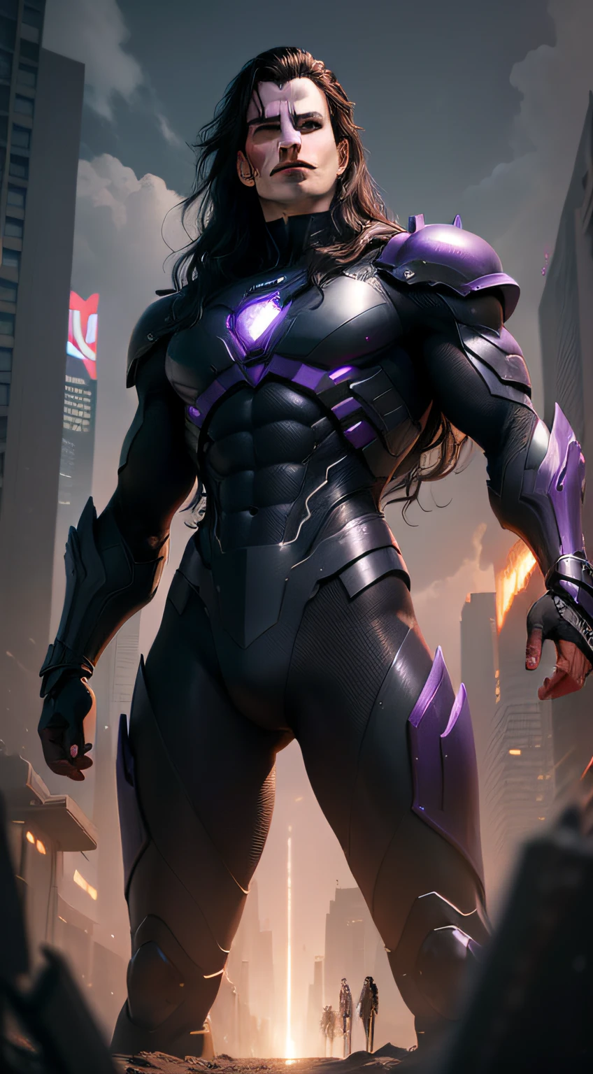 illustration imitating cinema poster, simulating cinema poster, imitating movie poster, simulating movie poster, photorealistic, no helmet, violet sky, action pose in action scene, shooting laser with futuristic technology gun sci fi style, appear full body from head to toe + appear on top of the head without cutting, appear further away in the image, MAN long black hair henry cavill with black futuristic armor, light circuits, the image, futuristic city, violet sky in the style of realistic and hyper-detailed renderings, 8k, detailed eyes, perfect eyes, epic , dramatic , fantastical, full body , intricate design and details, dramatic lighting, hyperrealism, photorealistic, cinematic, 8k, 12k, detailed face, Dramatic photo,epic photo, cinematic shot + photo taken by canon + incredibly detailed, sharpen details 8HQ, neoprene, behance contest winner, ultra sharp focus, intricate artwork masterpiece, ominous, epic, TanvirTamim, trendin