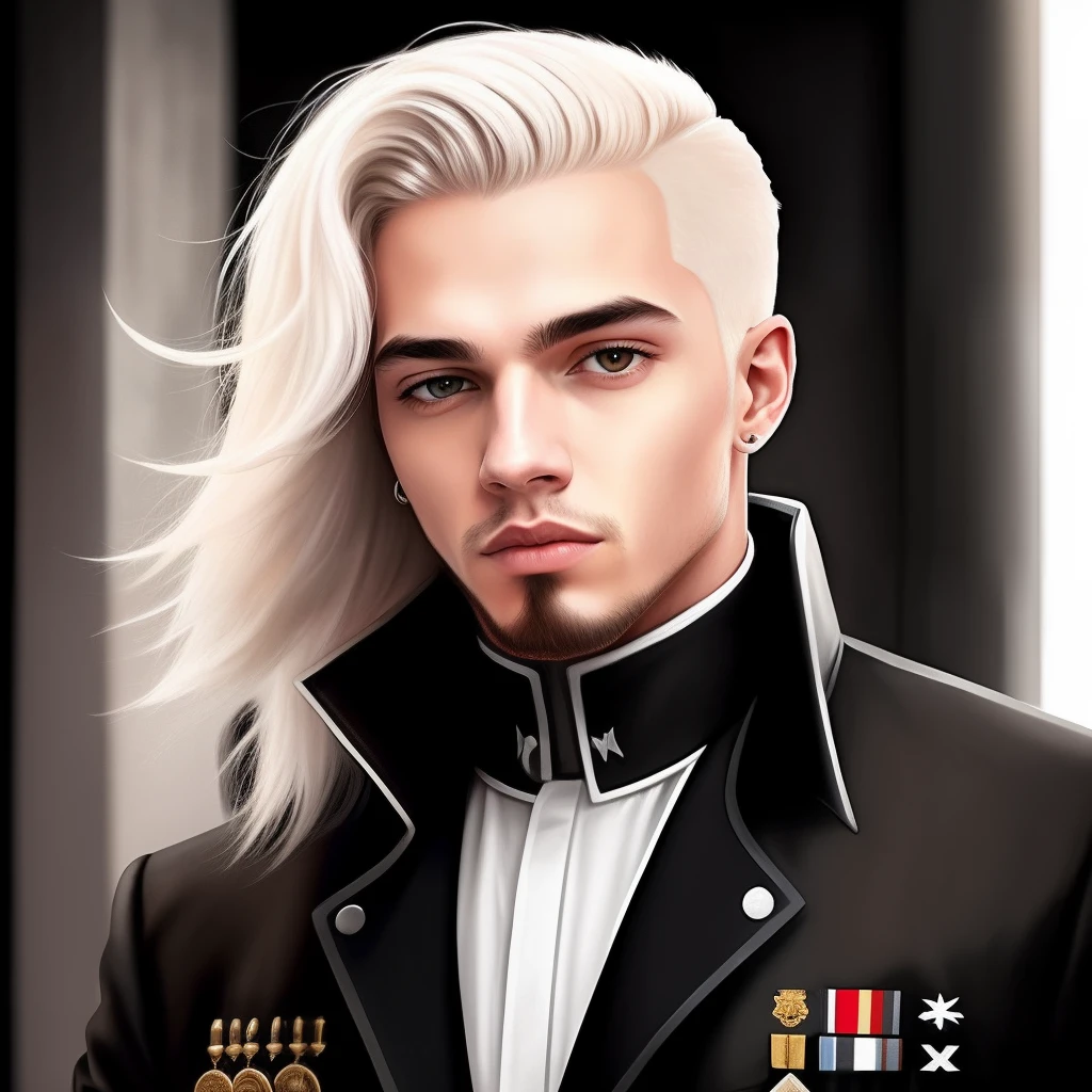 hombre joven, german, albino,pelo blanco, ojos morados, musculoso, gabardina negra, pantalones negros de vestir, formal, Mirando hacia adelante, hyper-realistic, Aura amenazante, manchas de sangre, Professional Assassin Aesthetics, pelo de largo medio
