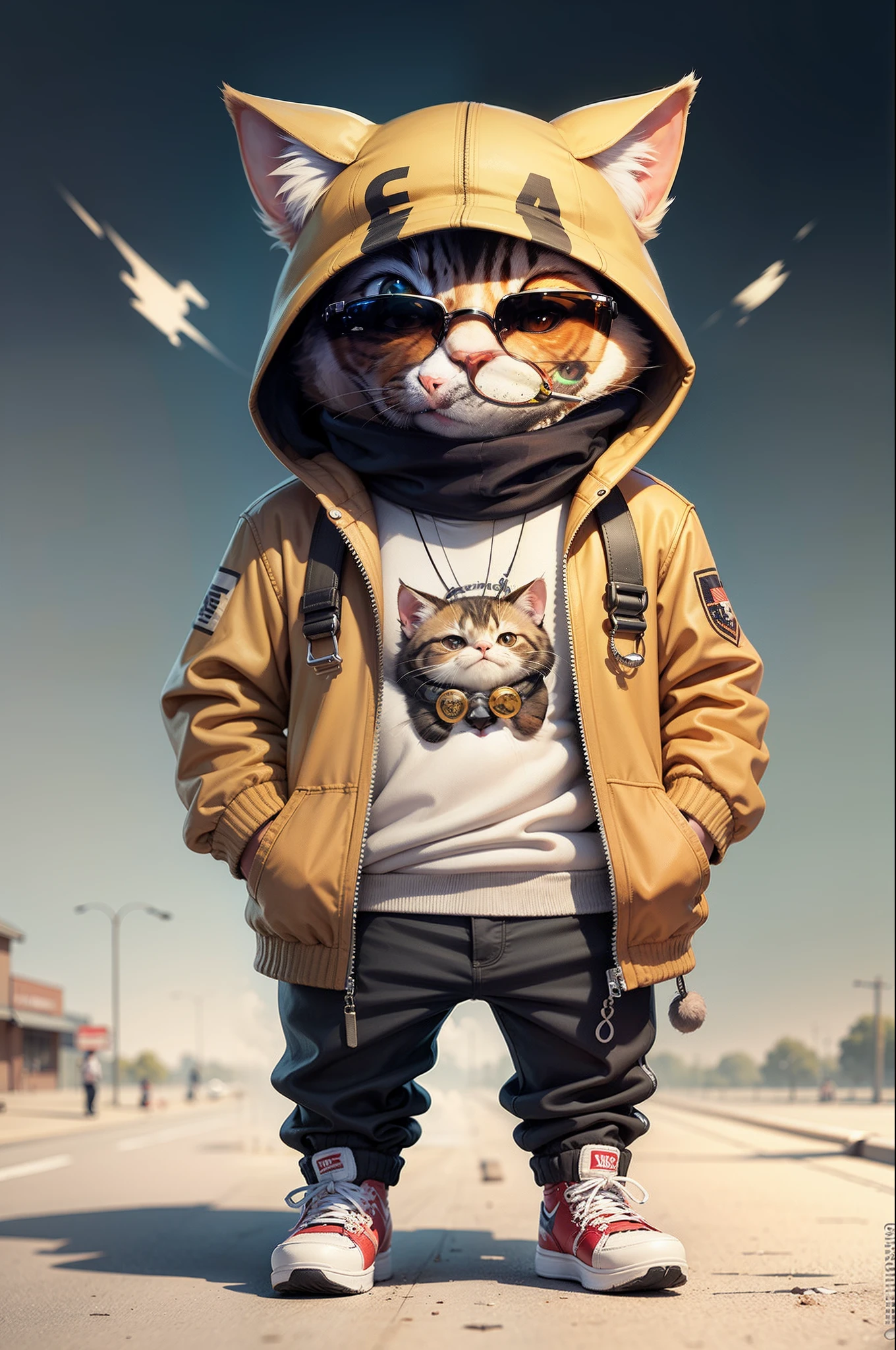 C4tt4stic, Cartoon chatra cat in jacket and skateboard, Sunglasses,