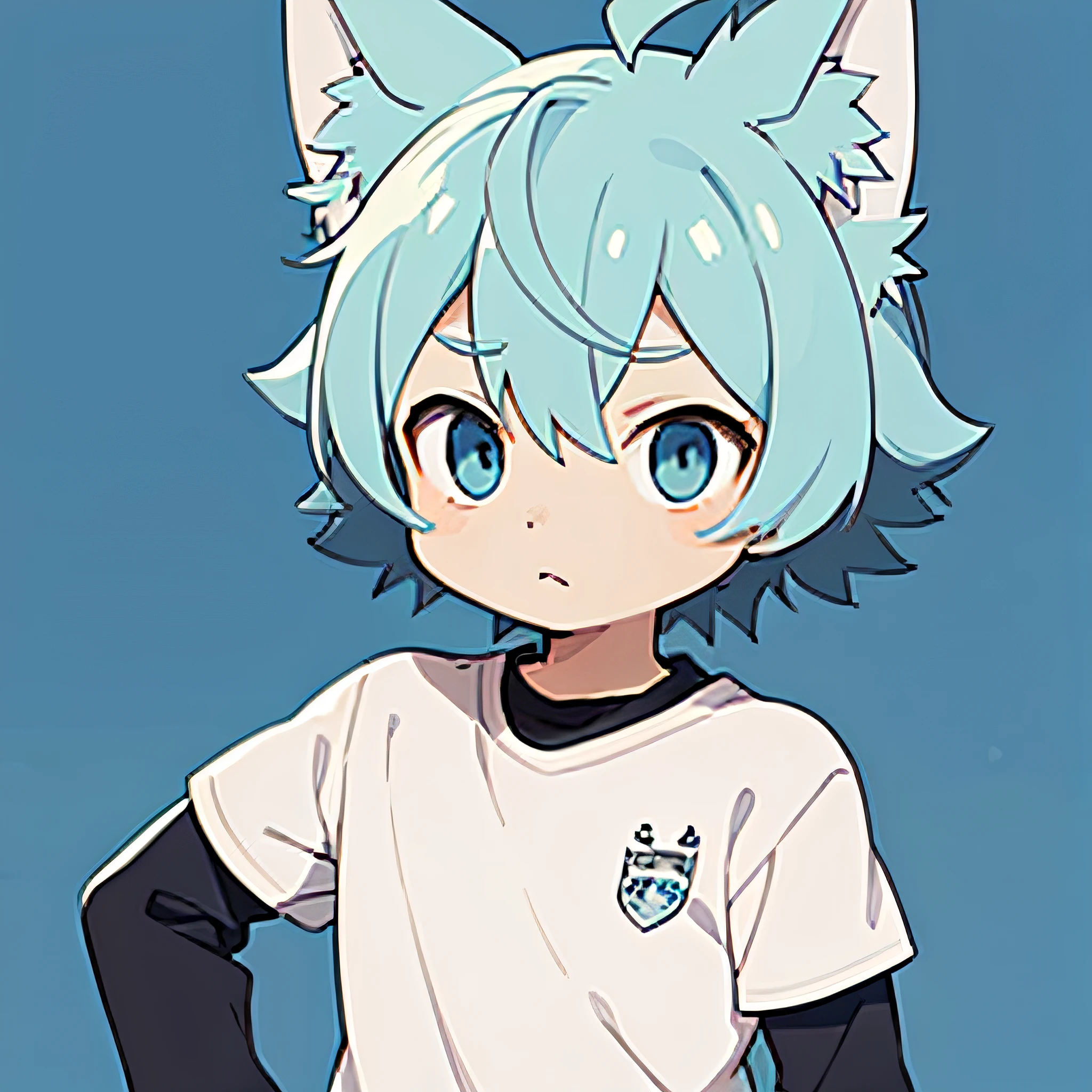 Masterpiece, Best quality, 1boy, Tiny, Sticker,minimal background, Upper body, Anime style, Cartoon,Blue wolf ears