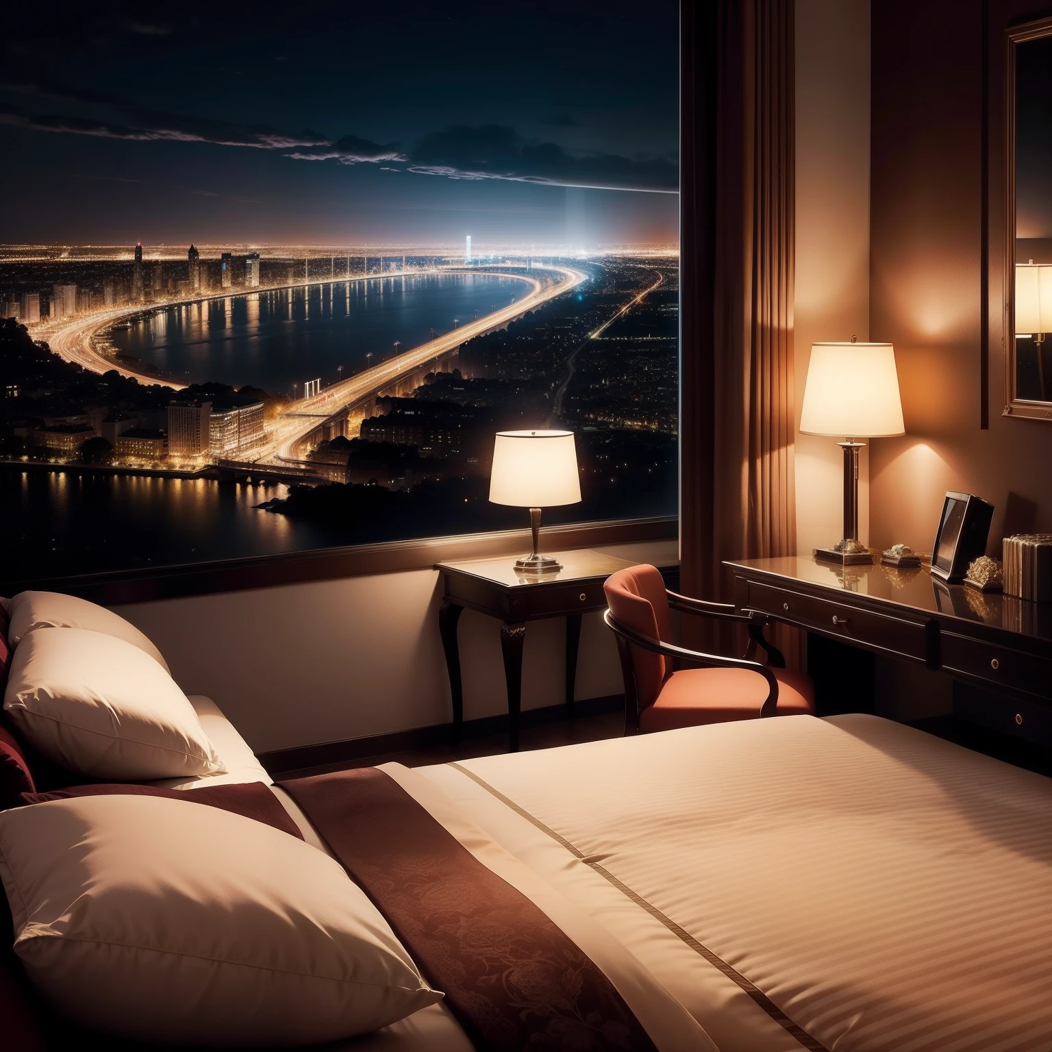 Hotel room with night view　ＳＦart by　luxury hotel　top-quality　​masterpiece　near future　Large room　suite room