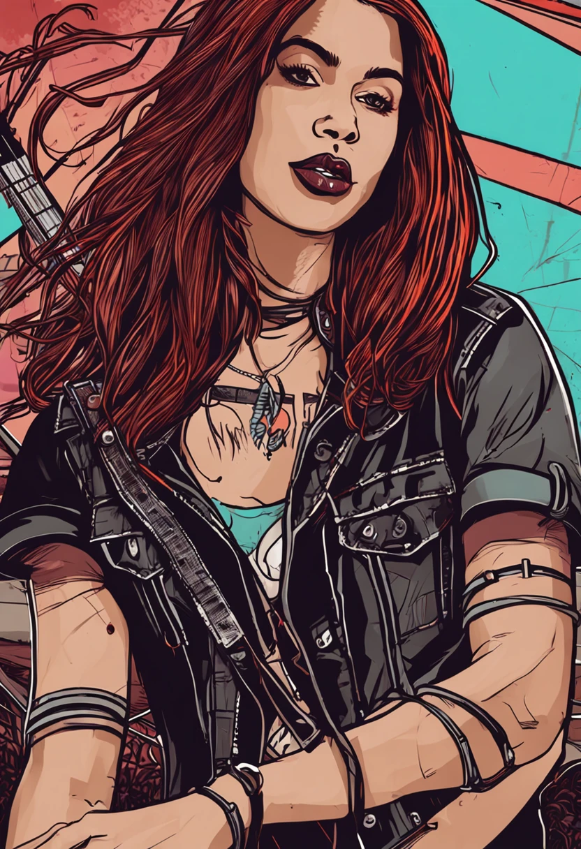 Gothic girl in her 20s, magra, com um lado do cabelo raspado com uma guitarra flying v nas costas