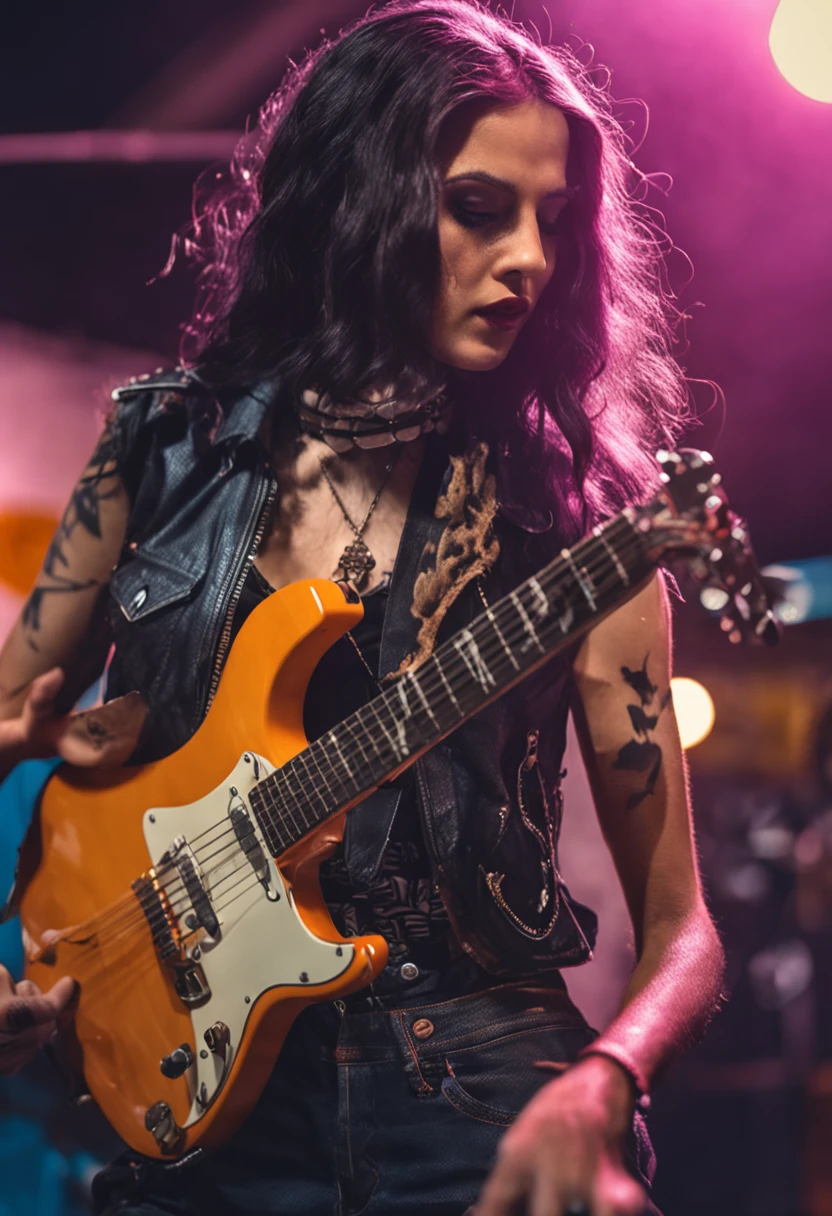 Gothic girl in her 20s, magra, com um lado do cabelo raspado com uma guitarra flying v nas costas