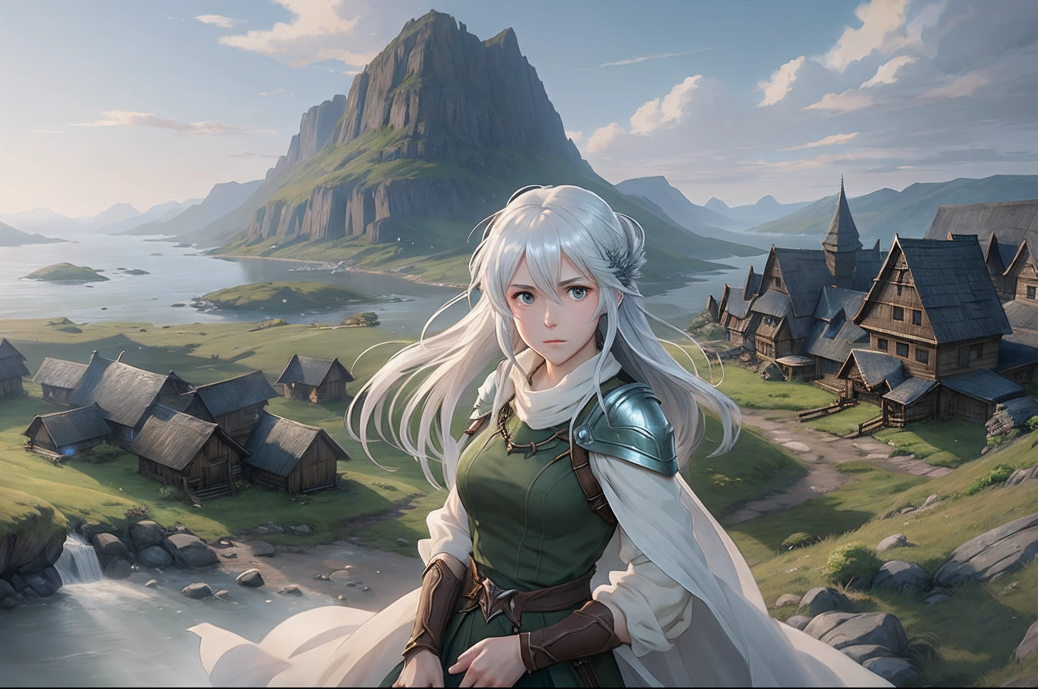 Woman in white dress standing on a rocky hill overlooking the village, cushart krenz key art feminine, Granblue Fantasy, isekai, Coriolios RPG Art Style, official arts, astri lohne, The Vinland Saga, epic rpg portrait, Lodoss, The cover of the epic light novel, 2. 5 d cgi anime fantasy artwork