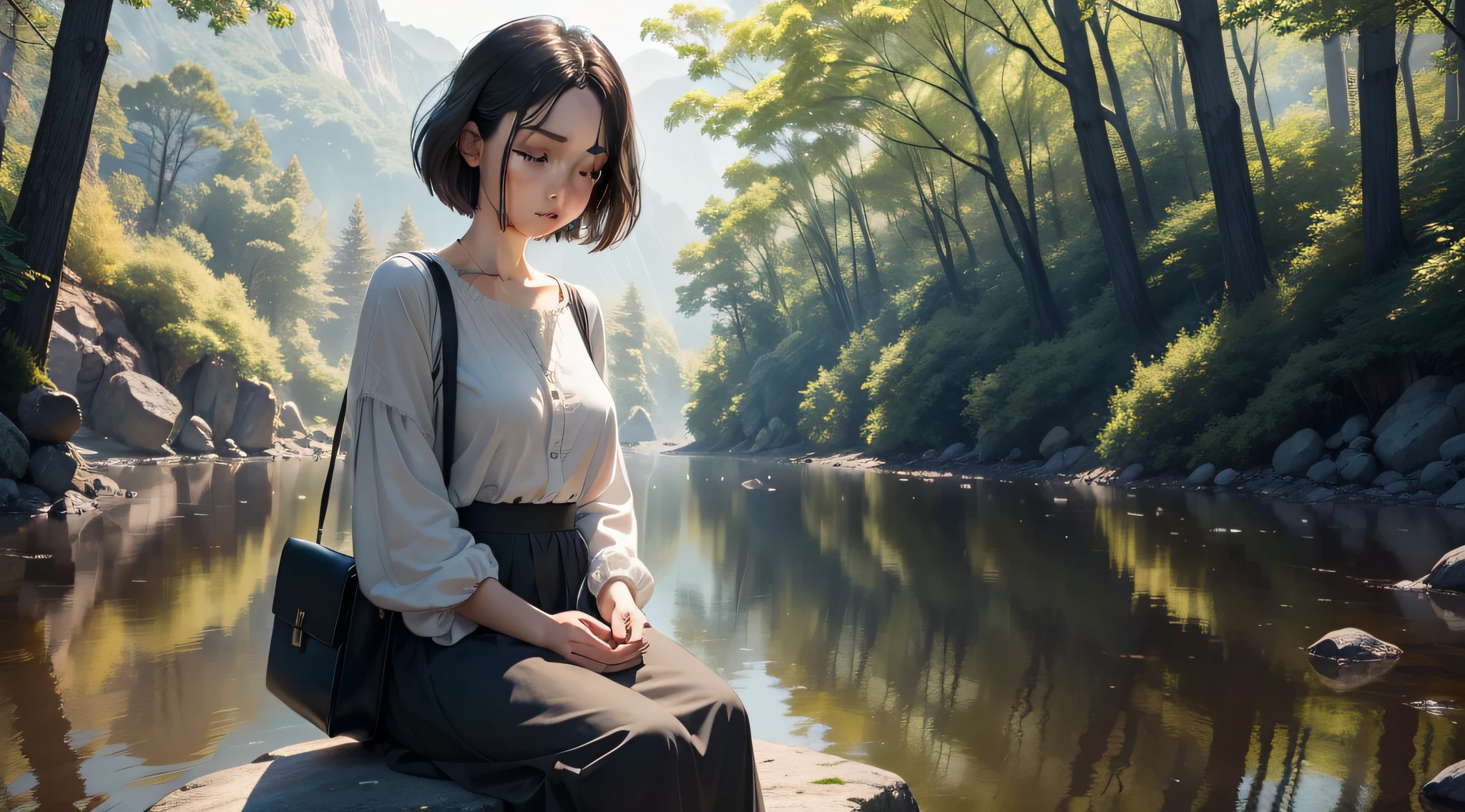 The image depicts a visual symbol that represents intrapersonal intelligence.
In the center of the image, there is a scene that reflects introspection and self-knowledge. A person is sitting in a quiet location, such as a bench in a park or beside a river. She has her eyes closed and a serene expression on her face, indicating deep reflection.
Next to the person, there is a leather-bound diary and a pen, suggesting the act of writing down thoughts and feelings. The diary can be open, with some pages visible, showing the practice of self-analysis.
Around the person, nature offers a serene environment. There are trees, a stream and birds flying around, creating an atmosphere of tranquility and introspection.
The lighting is soft and highlights the person's facial expression and details in the diary. The color palette is natural, with shades of green and blue predominating.
There are no visual distractions in the image, focusing on the intrapersonal scene.
In summary, the simple and objective image presents a visual symbol that represents intrapersonal intelligence through a scene of introspection and self-knowledge. It captures the ability to connect with yourself and understand your feelings and thoughts clearly and directly.