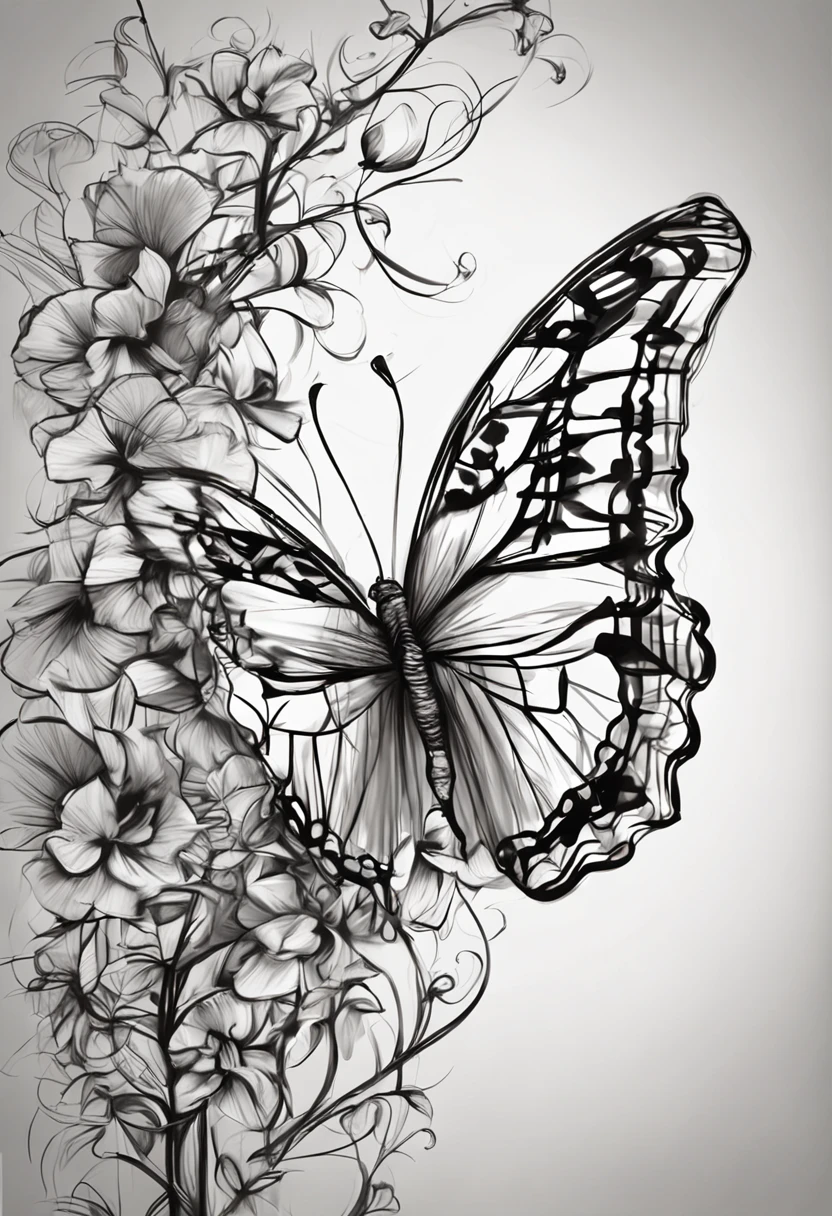 white backgrounid,Sketch of black lines black and white butterfly painting