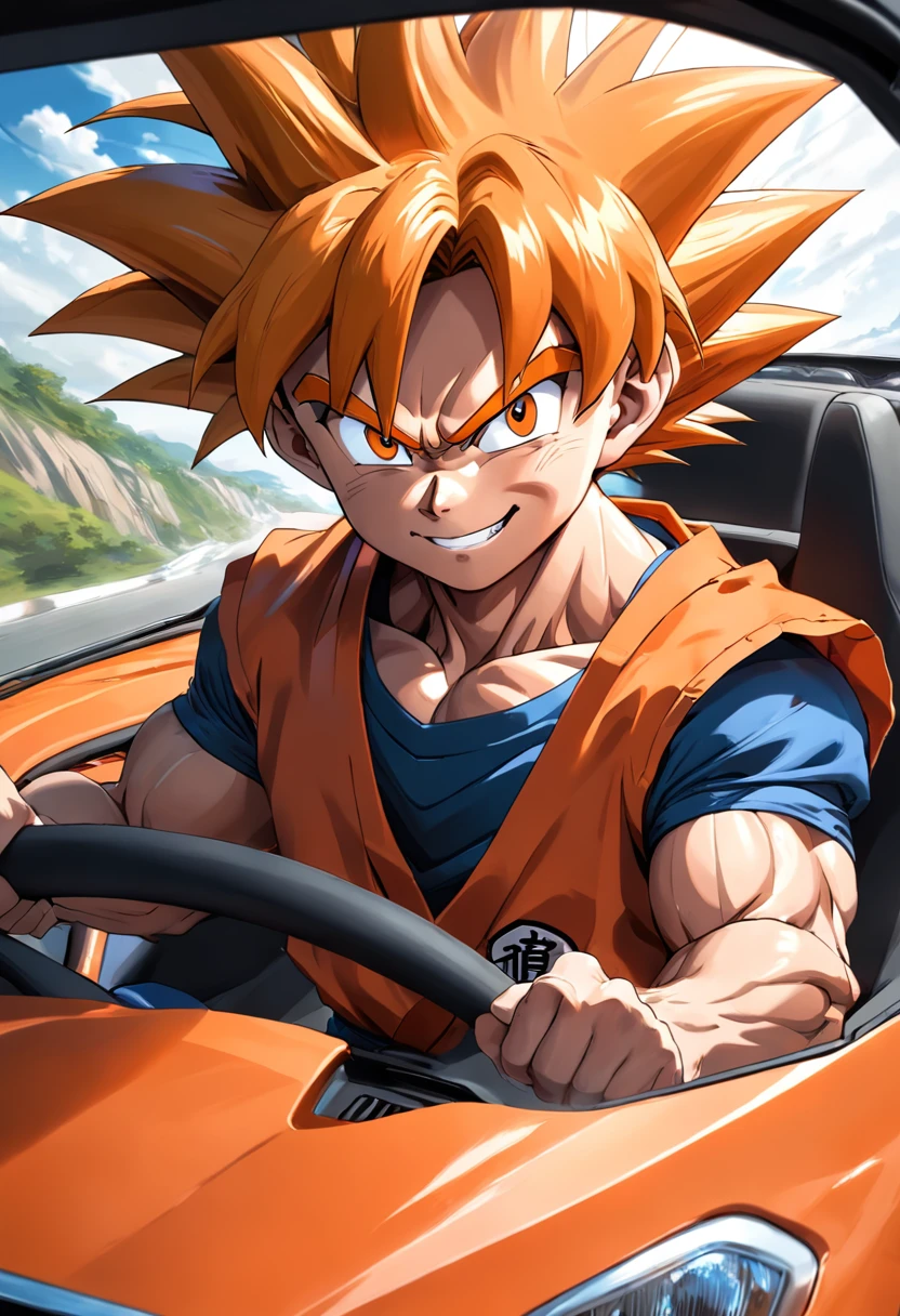 "um detalhado, Hyper-realistic illustration of Goku wearing his orange clothes driving a car, with a smiling expression, cidade agitada, Estilo anime, arte limpa e detalhada, Estilo de arte de Akira Toriyama, Dramatic lighting and hyper-realistic drawing style."