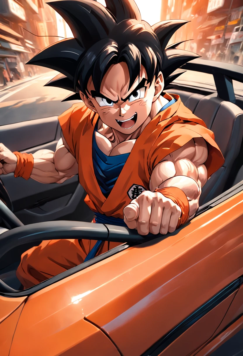 "um detalhado, Hyper-realistic illustration of Goku wearing his orange clothes driving a car, with a smiling expression, cidade agitada, Estilo anime, arte limpa e detalhada, Estilo de arte de Akira Toriyama, Dramatic lighting and hyper-realistic drawing style."