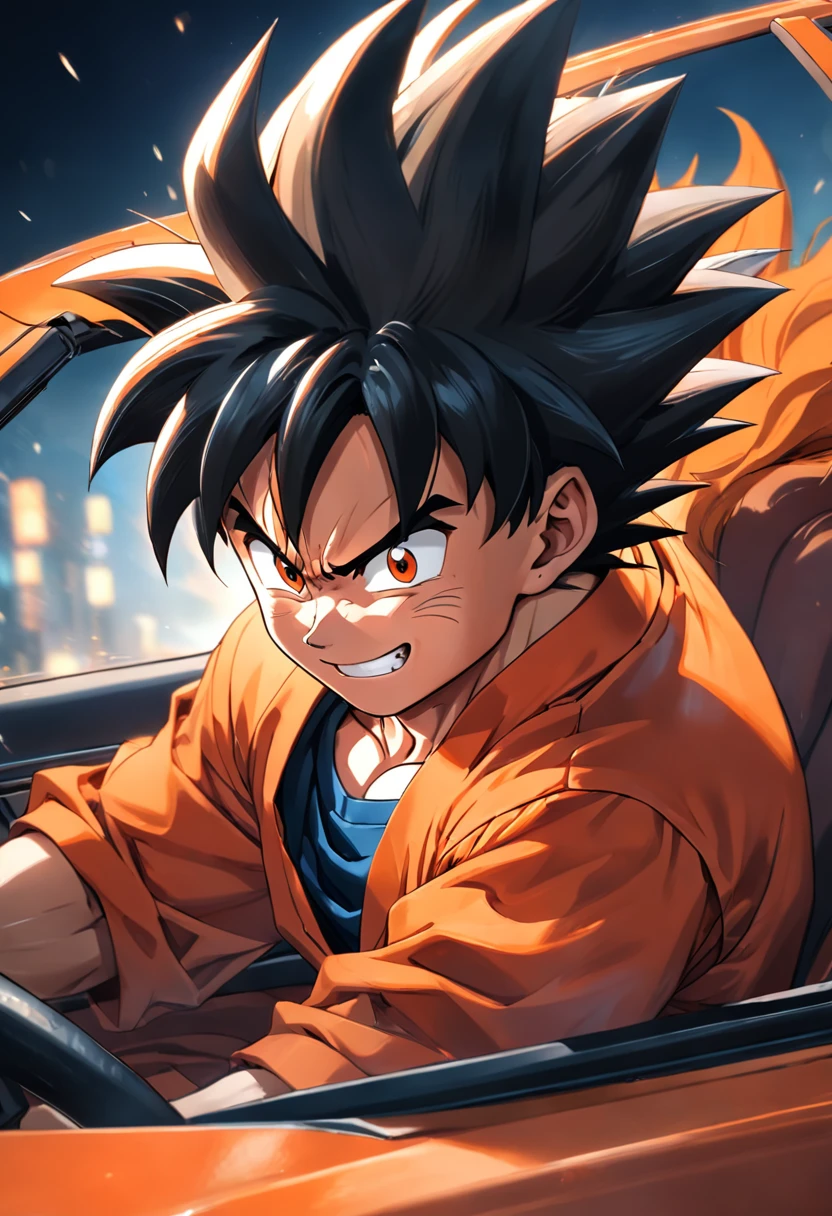 "um detalhado, Hyper-realistic illustration of Goku wearing his orange clothes driving a car, with a smiling expression, cidade agitada, Estilo anime, arte limpa e detalhada, Estilo de arte de Akira Toriyama, Dramatic lighting and hyper-realistic drawing style."