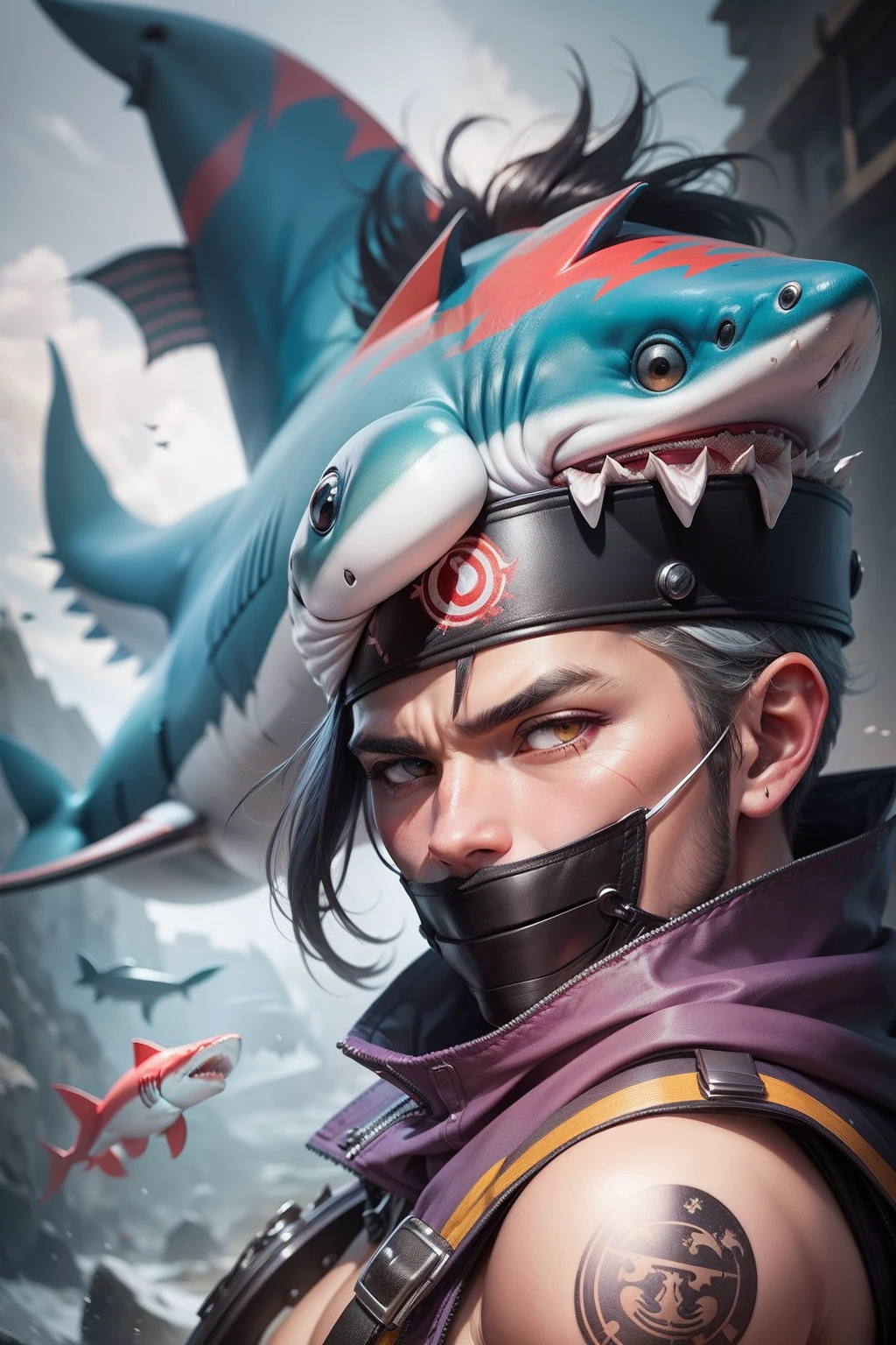 Kisame Hoshigaki, Akatsuki outfit, (obra-prima, melhor qualidade: 1.2), shark face, samehada, espada longa, tema vermelho, solo, foco masculino, 1boy, shinobi, no expression, boca fechada, olhando para o espectador, protetor de testa, ninja, capa, gola alta, gelra, Shark, suiton