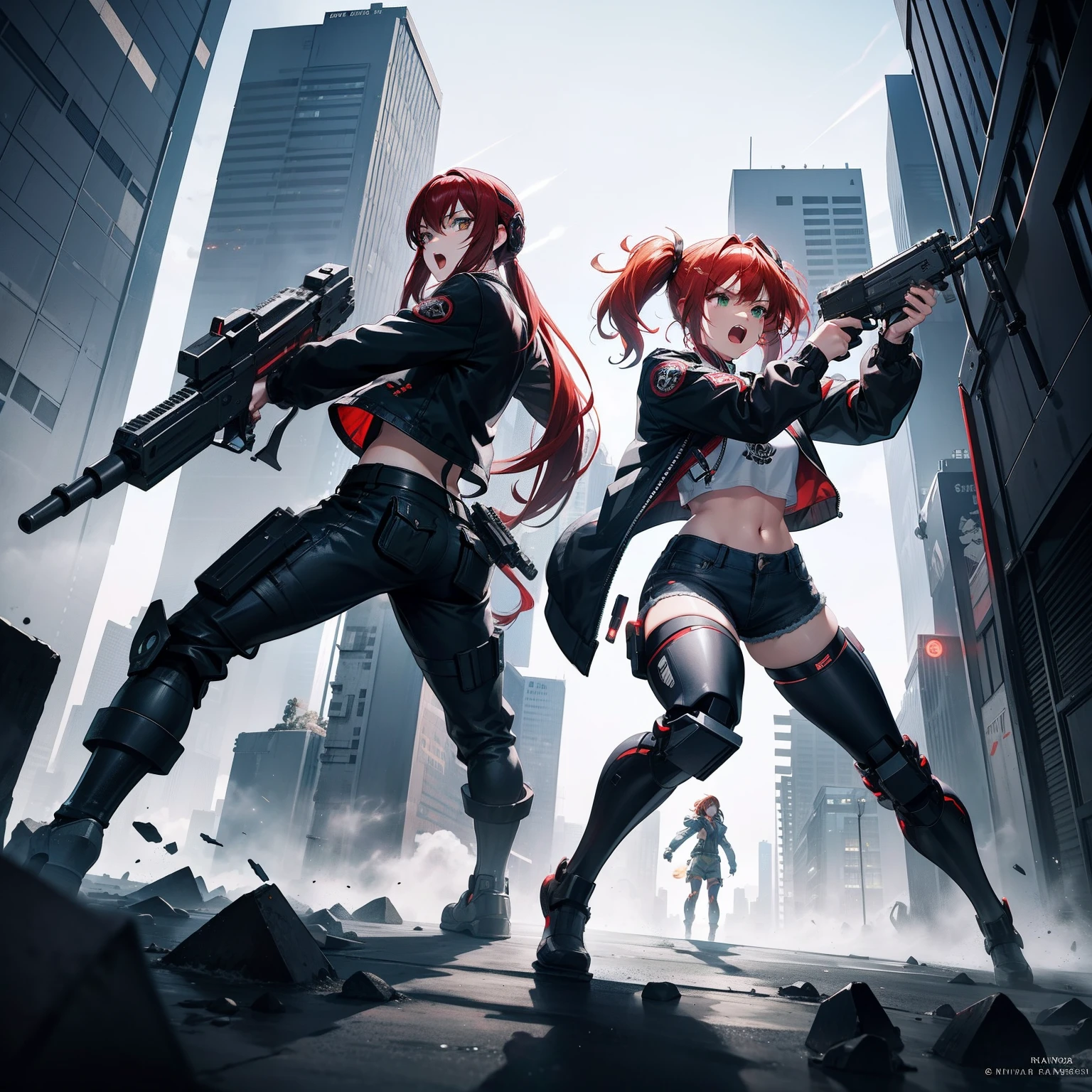 Full body shot, female asian Irina Shidou red hair twintails green eyes, in a cyberpunk city, wearing a bomber jacket and crop top and denim shorts, fighting a humanoid robot android with metal chrome exterior, holding a big machine gun, holding a long laser rifle, shooting laser rifle, shooting lasers up at the sky, missile strike, rocket launch,  rapid fire, explosions, hand to hand combat, fighting, round house kick, jumping kick, guns flaring, punch face, open mouth, screaming, frontal shot, side shot, rear shot, back shot, behind shot, masterpiece, highly detailed