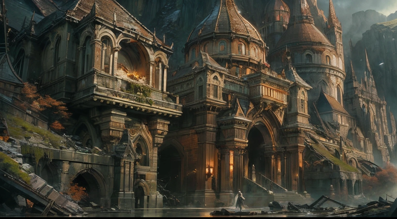 "(by Greg Rutkowski: 1.2), (masterpiece), (best quality), extremely delicate and beautiful, illustration, (fantasy landscape), depth of field, HDR, intricate, delicate, (No human presence), photorealistic depiction, live action feel, creating a visual masterpiece with the best possible quality. (Highlighting the fantastic elements of dwarven city, emphasizing the effects of collapse and severe weathering). Providing a distant view that captures the grandeur and atmosphere."