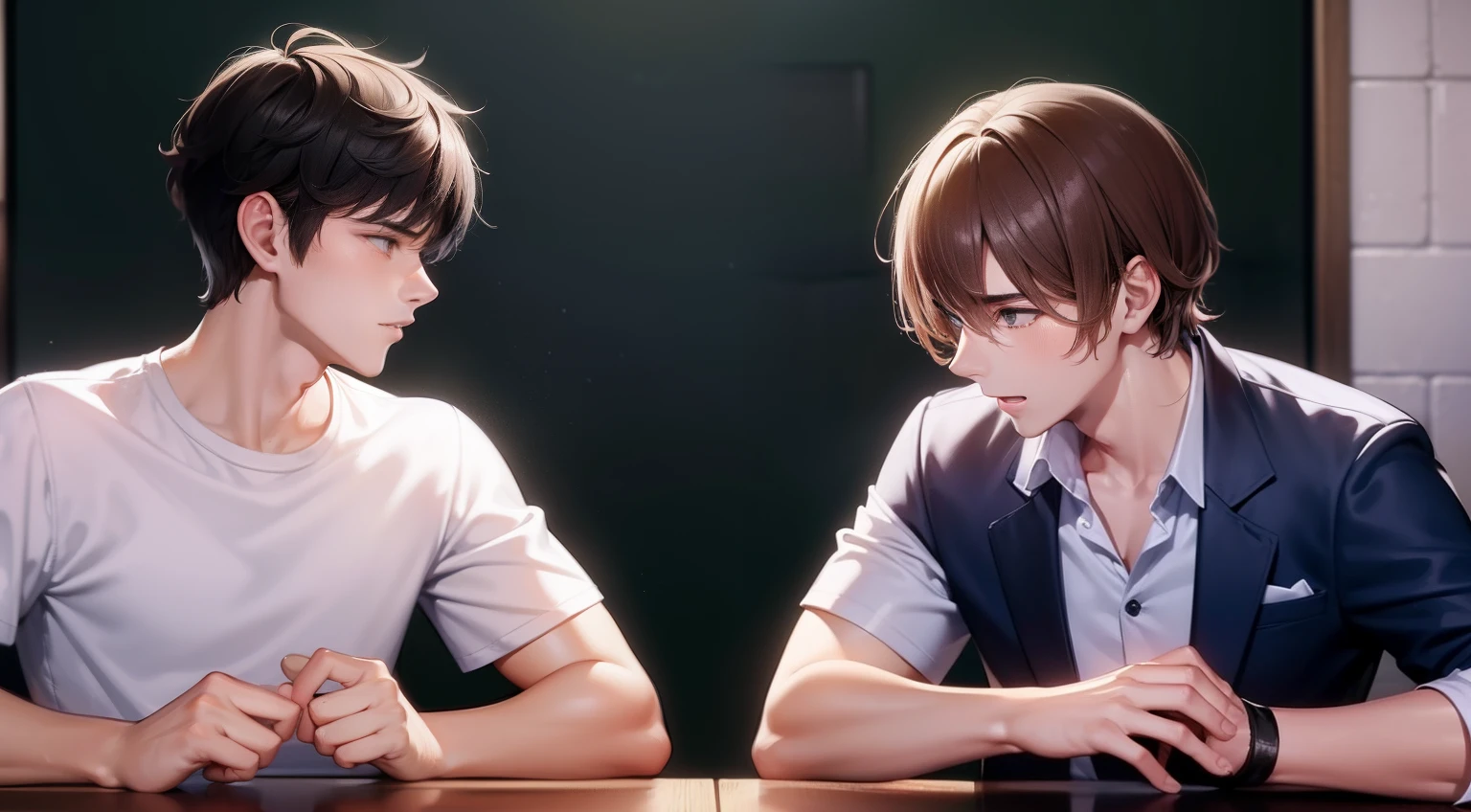 Two handsome young agers from the school hit each other fighting in the schoolyard