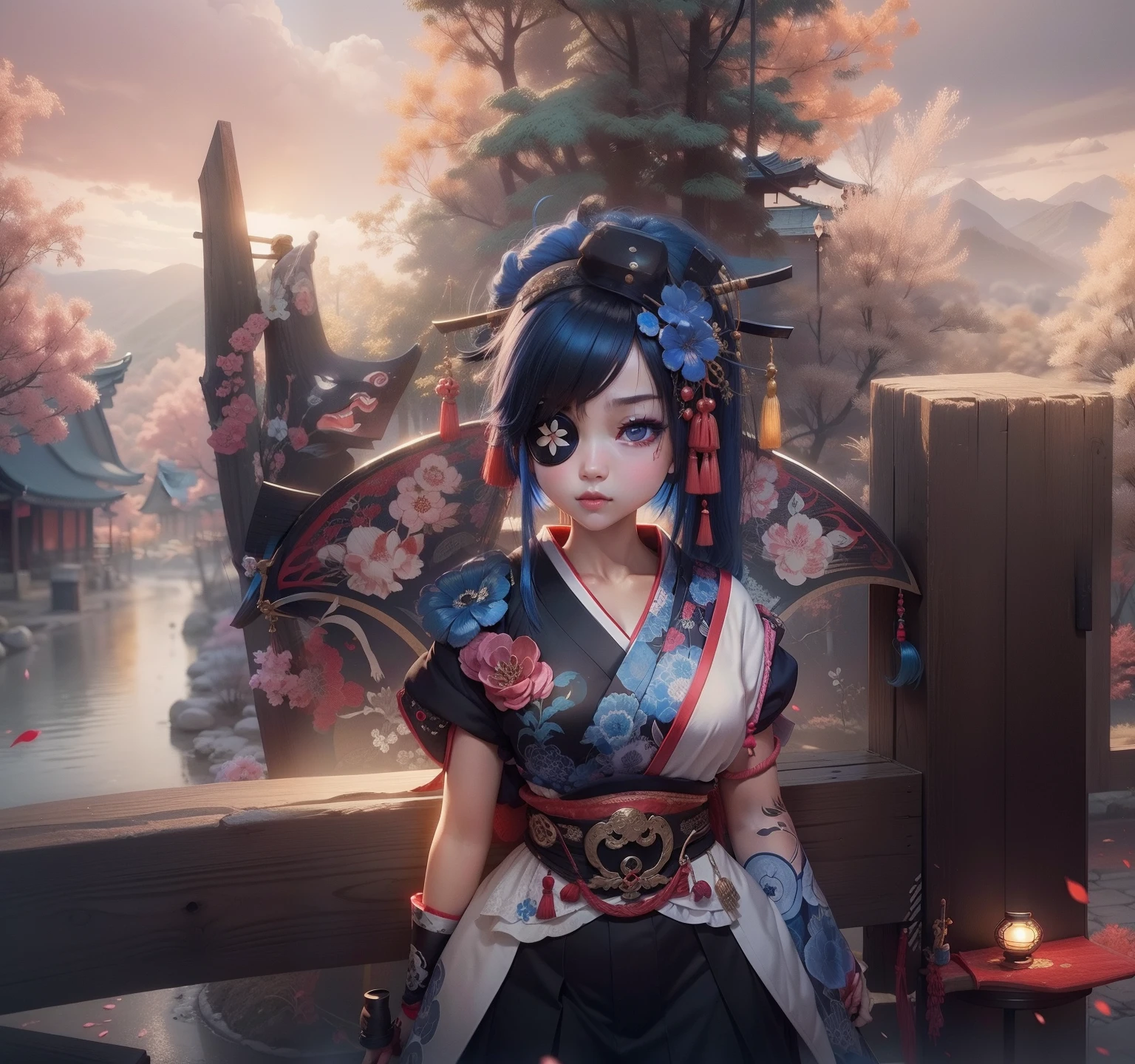 girl, oriental, japanese culture, cute, espadachim, eyepatch, blue hair, best quality, 8k
