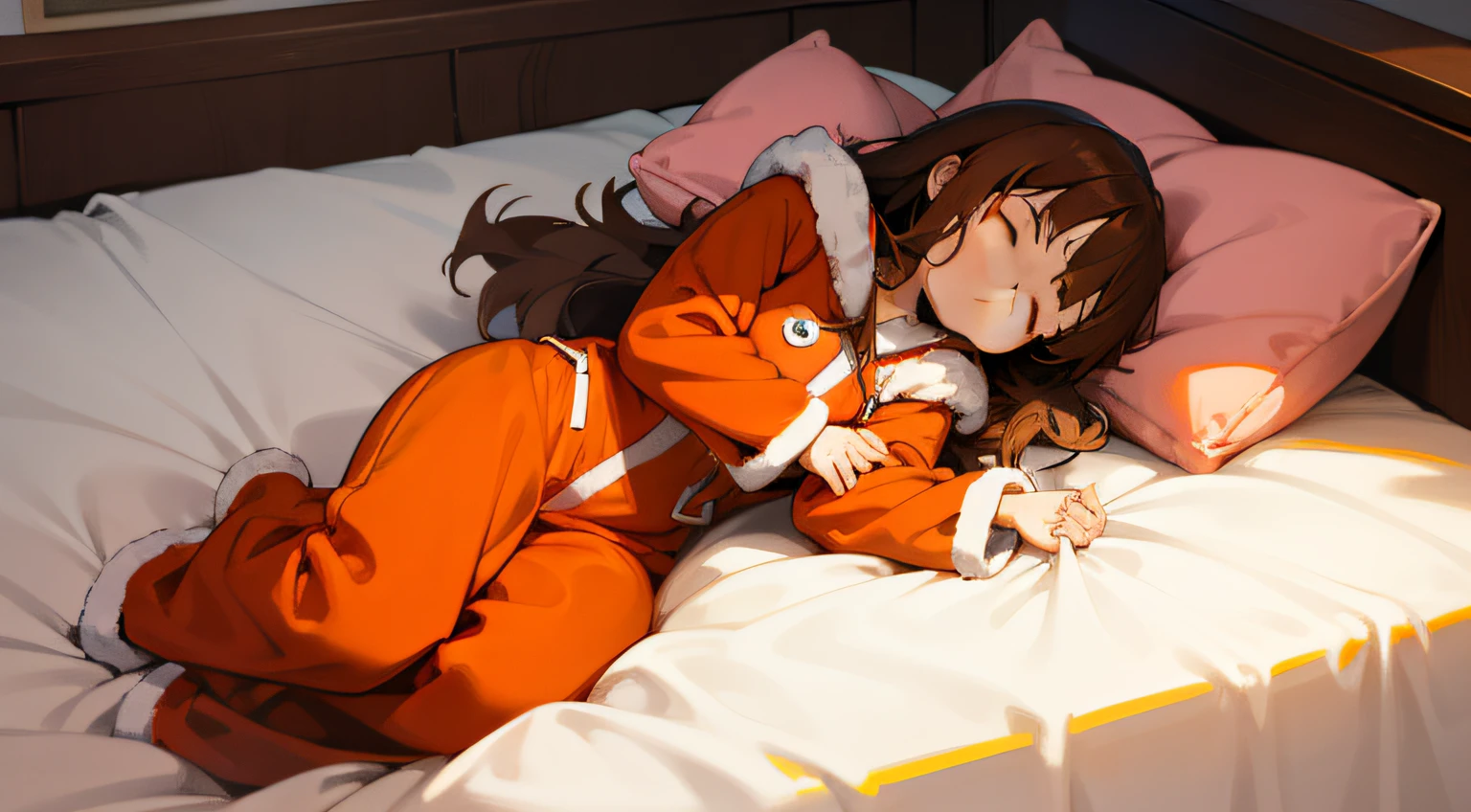 anime-girl, brown hair, bed, blue eyes, fluffy red onesie, sleeping