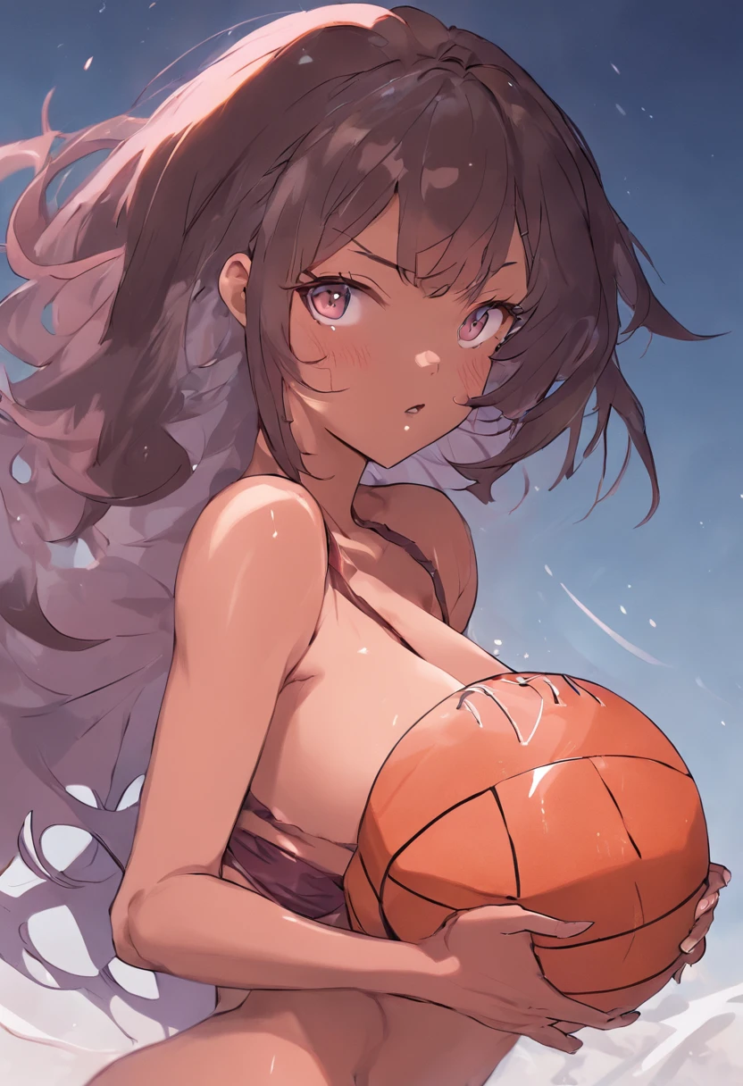 1 woman, 40k, insane quality, masterpiece, sports uniform, with a basketball, big boobs, (((bare breasts:1,5))), brushed nipple, big nipple, big hips, brown skin, african american hair, full lips, glossy lips, sweat in the body, seductive expression, looking at camera daylight,