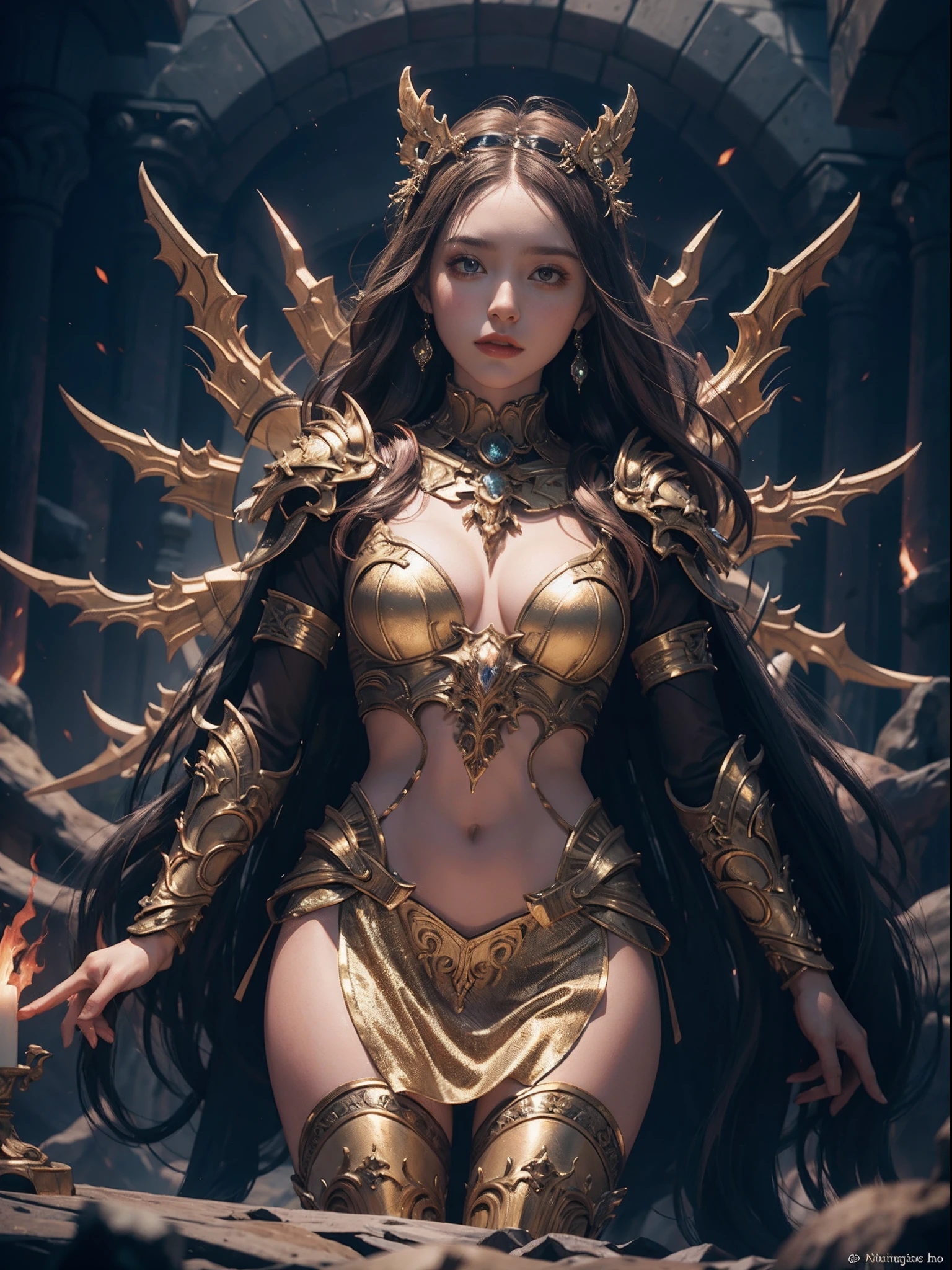 Venus, 1 Women cast fire, nightfall, Crystal armor,Anatomically correct,best qualtiy,The is very detailed,4K,Cinematic lighting effects,Look from the bottom up