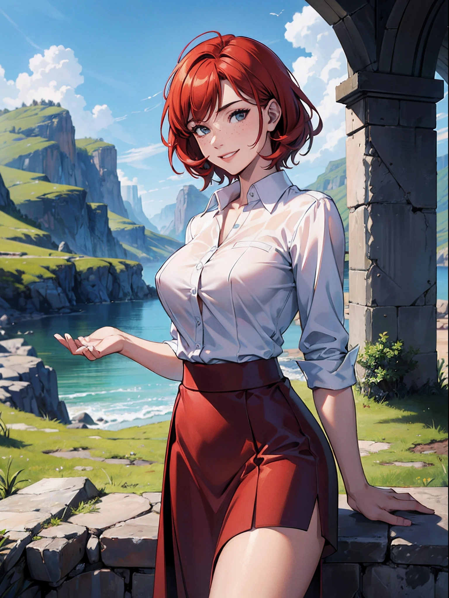 (masterpiece) , ((best quality)), (( 8k wallpaper)), ((ultra high resolution)), good composition, (ultra-detailed), illustration, beautiful, 1girl, red hair, short hair, medium sized breasts, good hands, perfect hands, scenery, masterpiece, highly detailed, seductive smile, freckles, buttoned up shirt, khaki skirt, white shirt, sfw, fully clothed, hypermuscle, hyper muscles, dangerous smile