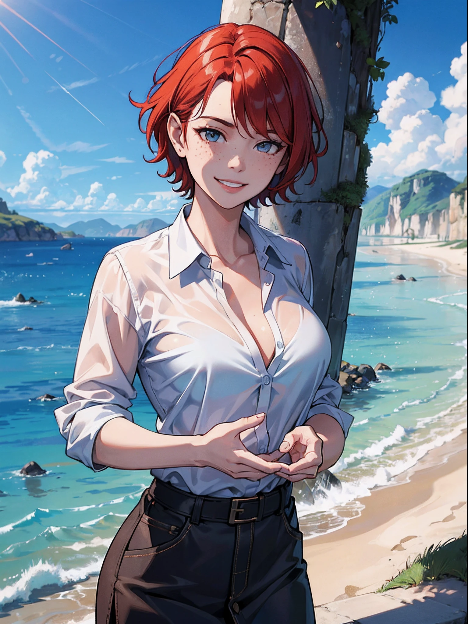 (masterpiece) , ((best quality)), (( 8k wallpaper)), ((ultra high resolution)), good composition, (ultra-detailed), illustration, beautiful, 1girl, red hair, short hair, medium sized breasts, good hands, perfect hands, scenery, masterpiece, highly detailed, seductive smile, freckles, buttoned up shirt, khaki skirt, white shirt, sfw, fully clothed, hypermuscle, hyper muscles, dangerous smile