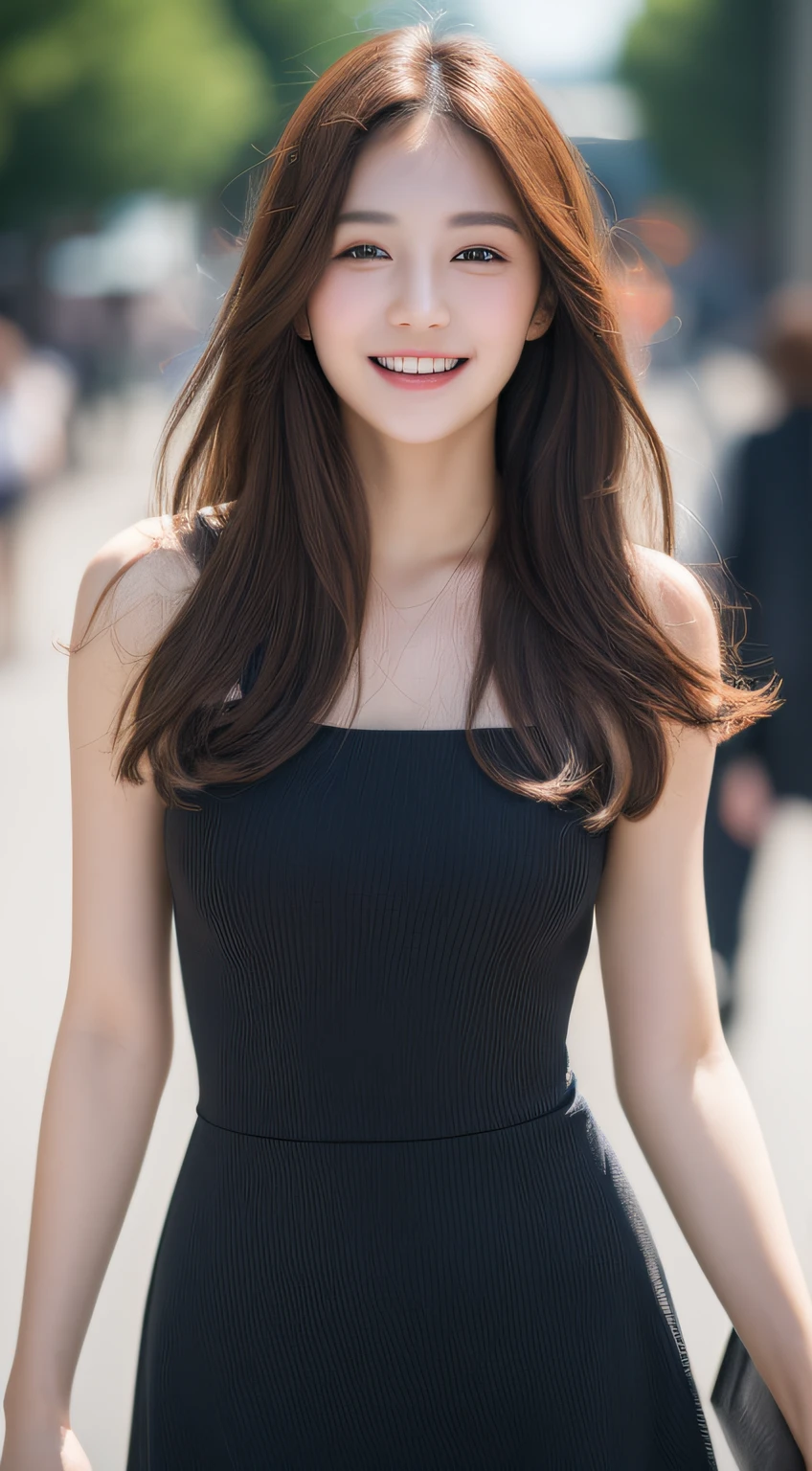 ((Best quality, 8k, Masterpiece :1.3)), 1girl, smiling, full body, slim face, Pretty woman, (Dark brown hair), full length dress :1.1, Ultra-detailed face, Detailed eyes, Double eyelid, blur background, slim face, city, outside, street,