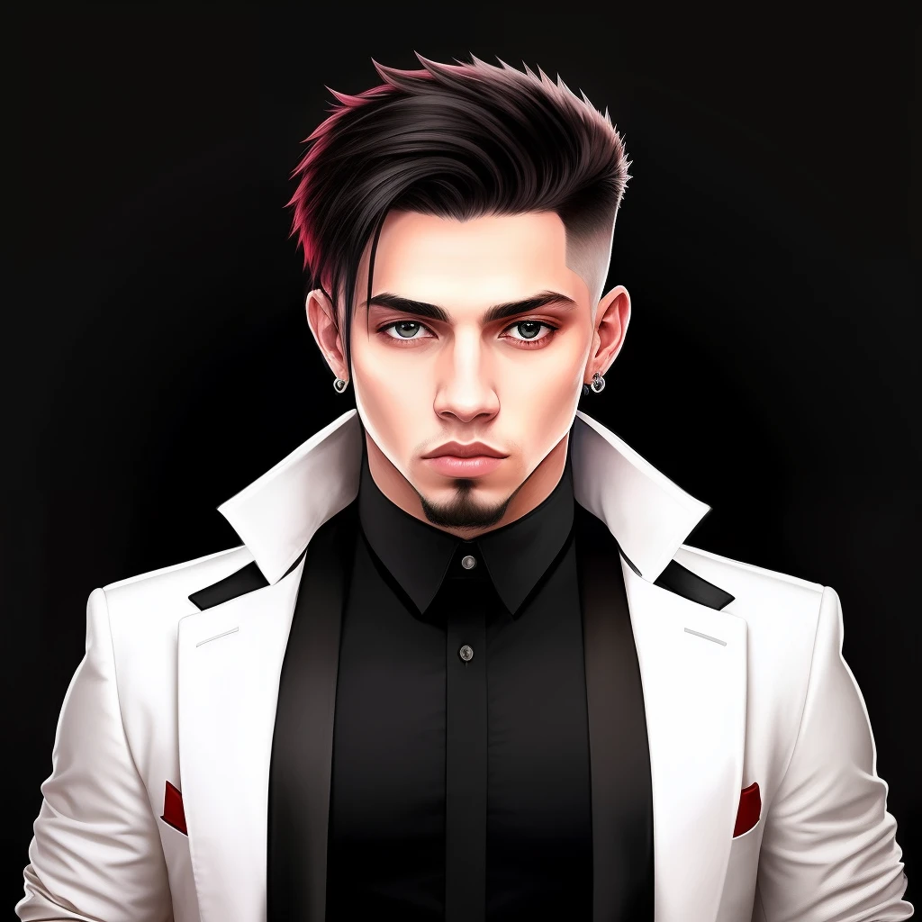 hombre joven, german, albino,pelo blanco, ojos morados, musculoso, gabardina negra, pantalones negros de vestir, formal, Mirando hacia adelante, hyper-realistic, Aura amenazante, manchas de sangre, Professional Assassin Aesthetics, pelo de largo medio