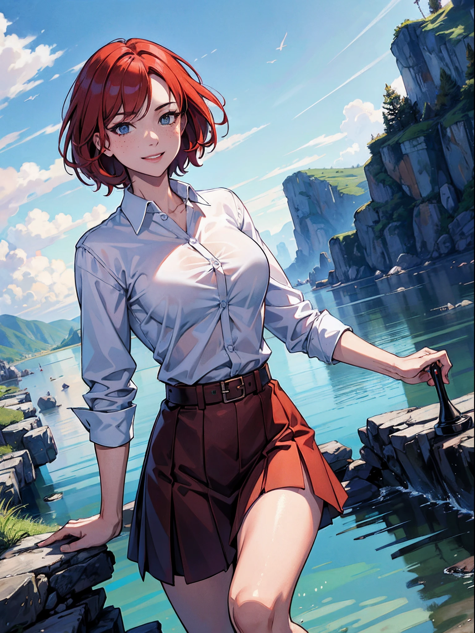 (masterpiece) , ((best quality)), (( 8k wallpaper)), ((ultra high resolution)), good composition, (ultra-detailed), illustration, beautiful, 1girl, red hair, short hair, medium sized breasts, good hands, perfect hands, scenery, masterpiece, highly detailed, seductive smile, freckles, buttoned up shirt, khaki skirt, white shirt, sfw, fully clothed, hypermuscle, hyper muscles, dangerous smile