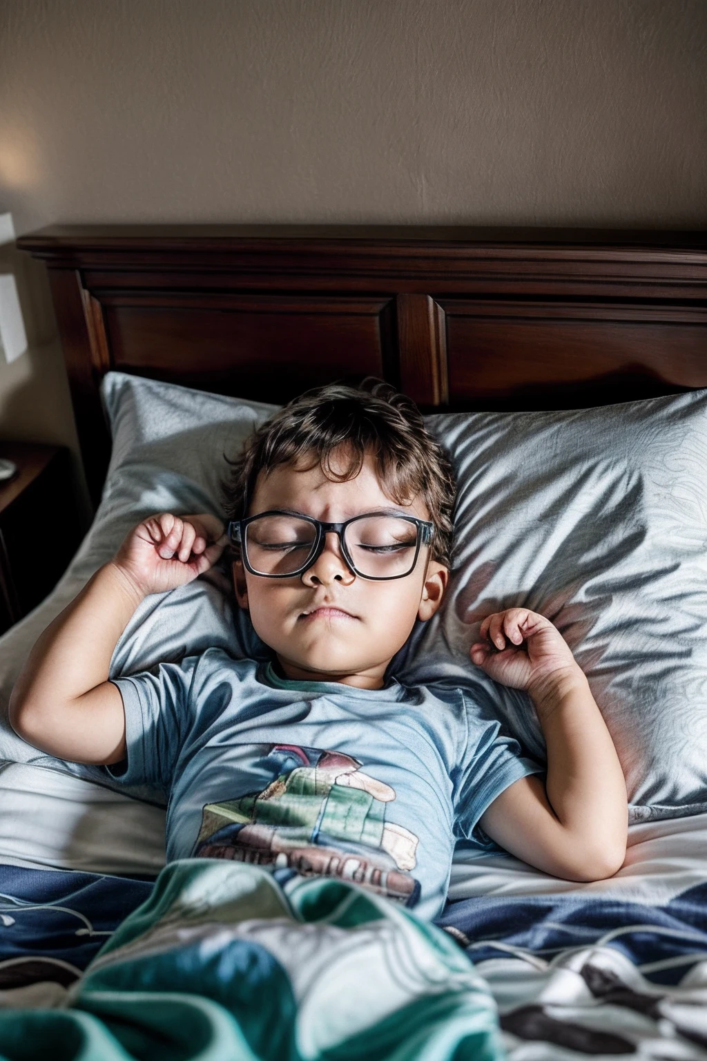 guttonerdvision3, Create an illustration that portrays a 3-year-old boy wearing glasses, peacefully lying in his bed. He is comfortably tucked in, with his head resting on a pillow, sound asleep. The room is adorned with shelves filled with stuffed animals, creating a cozy and playful atmosphere.

The lighting in the room is minimal, coming solely from a bedside lamp. The rest of the room is enveloped in darkness, with the only light illuminating the immediate surroundings of the sleeping boy. The window is covered by a thin curtain, allowing a subtle glow from outside to filter in.

Pay meticulous attention to detail in capturing the features of the boy's face, the texture of his skin, and the way his glasses rest on his nose. Render the softness of the bedding and the comfort of his sleep with delicate brushstrokes, creating a sense of tranquility.

The shelves filled with plush toys should be depicted with meticulous precision, capturing the different textures and colors of each stuffed animal. Utilize shading techniques to convey depth and three-dimensionality, bringing the scene to life.

Incorporate the signature realism of Alex Ross's art style by paying attention to the lighting and shadows. Play with subtle highlights and shadows to create a sense of depth and dimensionality throughout the illustration. Ensure that the composition and proportions are accurate and visually appealing.

The final result should be a highly realistic and detailed illustration that portrays the peacefulness and innocence of a 3-year-old boy peacefully sleeping in his decorated room. The artwork should evoke a sense of serenity and tenderness, capturing the unique style and attention to detail reminiscent of Alex Ross's work. --auto --s2