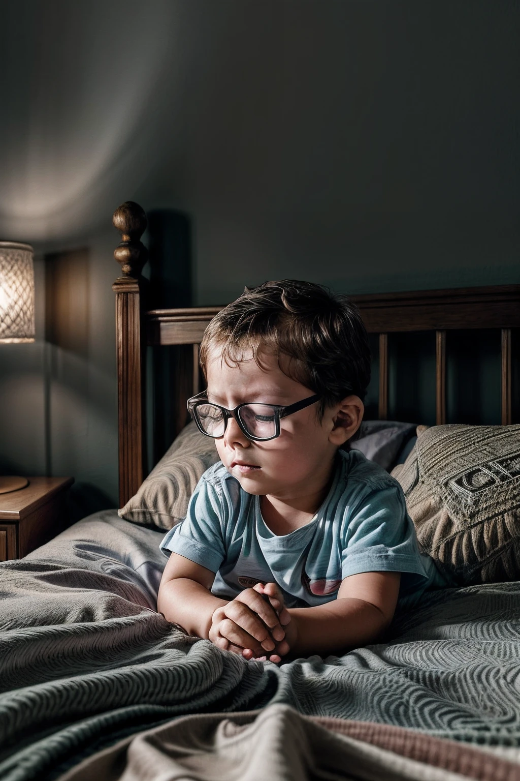 an intricately detailed and hyper-realistic scene where a 3-year-old child, wearing glasses, peacefully sleeps. The child is lying on their bed, eyes closed, beneath a warm blanket. The soft, gentle glow of a bedside lamp bathes the room in a warm, comforting light. Outside, the night is cold and still. Every aspect of the room, from the bed to the surroundings, is depicted in remarkable detail. This image is meticulously crafted and boasts an impressive 8K resolution, capturing every minute element.