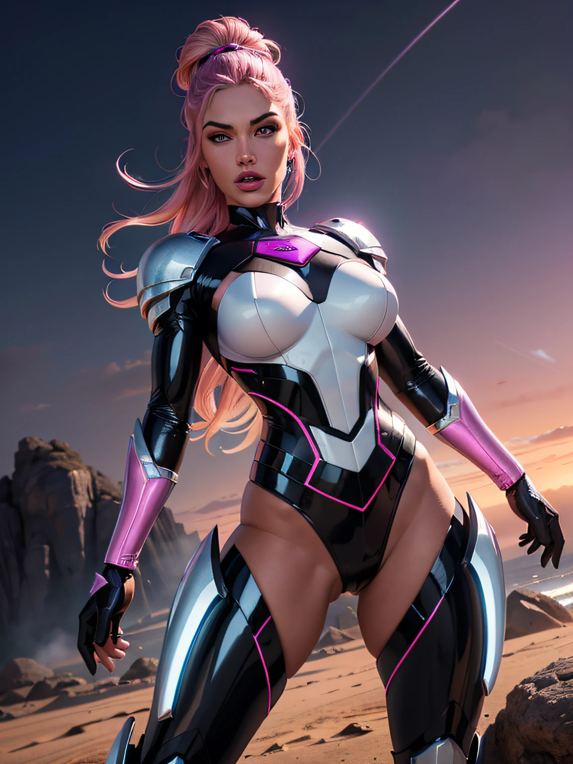 cabelo rosa pink luminoso, Cinematic lighting, altamente detalhado, armadura prateada detalhada, corpo inteiro, technological and futuristic with blue and lilac details, circuitos de luz, cabelos cor de rosa choque, NEGRA COM ROSTO DA MEGAN FOX , wearing technological and futuristic silver armor covering the entire body with blue and lilac details, circuitos de luz, Futuristic city background with pink and violet sky, cor da pele de bronze, mulata, pele bronzeada, cor do pecado, pele bem morena, queimada de sol, corpo fitness, corpo sarado, corpo atletico, corpo musculoso mas feminino (((seios ridiculamente grandes)))、(seios ridiculamente enormes:1.5)、((huge udder)) pose de guerreira, pink and violet sky, (RAW, analogical, lente ultra grande angular Nikon Z 14mm, fotografia glamorosa premiada, ((melhor qualidade)), ((obra-prima)), ((realista)), poros da pele, subsurface scatter, raios de luz radiantes, foco nítido, suave, aesthetic, extremamente detalhado, seios enormes e nus, aparecendo o peito muito grande sem roupa por cima! fart, pele molhada, pele brilhante brilhante:1.4 cabelos cor de rosa pink luminosos photorrealista, prazer, cabelo rosa pink + Megan Fox rosto perfeito, appears full-body from head to toe + appears on top of the head without cutting + aparece mais distante na imagem + seios nus a mostra sem nada cobrindo, usando apenas uma tanga dourada com pedras preciosas, bracelete dourado, segurando uma espada. corpo inteiro, pink and violet sky, in the desert with pink and violet sky, Arte por Mschiffer, 32k resolution, melhor qualidade, dynamic pose, action pose, in the style of realistic and hyper-detailed renderings, 8k, Olhos detalhados, olhos perfeitos, epics, Dramatic, Fantastic, corpo inteiro, design e detalhes intrincados, dramatic lighting, hiper-realismo, fotorrealista, cinemactic, 8k, Rosto detalhado, dramatic photo, Epic photo, corpo inteiro, barbarous, Cinematic Shot + Foto tirada por Canon + incrivelmente detalha