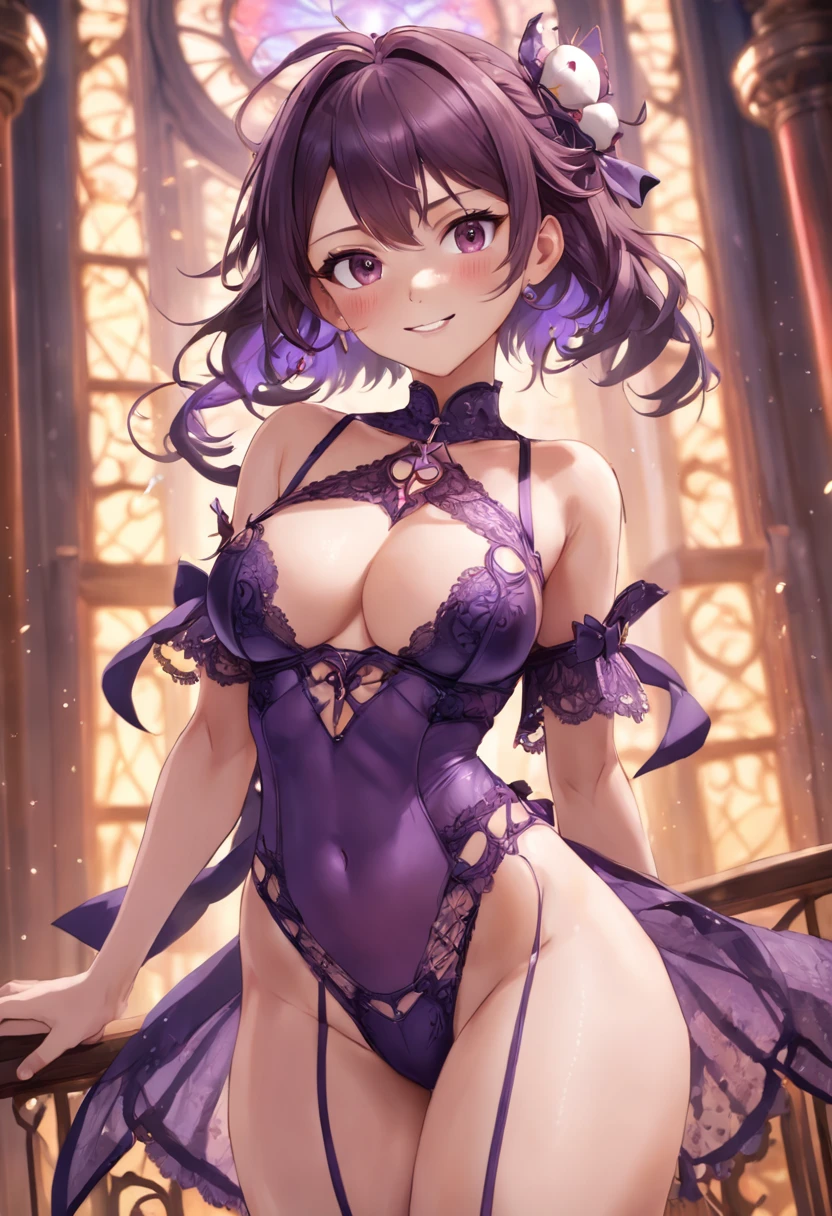 (((NSFW))), a stunning magica fantasy full-body portrait of a busty woman in dark purple racy lace underwear, wearing a garter belt, , plummeting feminine features Neckline, Small Ears, Brown Hair, Medium Wavy Hair, Smiling Happy, Dynamic Pose, Ticker, Fantasy, Extreme Detail, 4Kde, Ultra HD, Trending on ArtStation, Polished, Radiant, Vivid Flooded, background lighting, (8Kdende UltraHD), Unreal Engine 5 potions, intricately detailed, 3D vray details