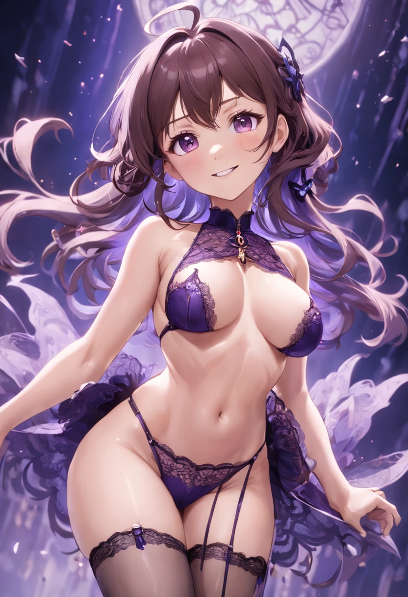 (((NSFW))), a stunning magica fantasy full-body portrait of a busty woman in dark purple racy lace underwear, wearing a garter belt, , plummeting feminine features Neckline, Small Ears, Brown Hair, Medium Wavy Hair, Smiling Happy, Dynamic Pose, Ticker, Fantasy, Extreme Detail, 4Kde, Ultra HD, Trending on ArtStation, Polished, Radiant, Vivid Flooded, background lighting, (8Kdende UltraHD), Unreal Engine 5 potions, intricately detailed, 3D vray details