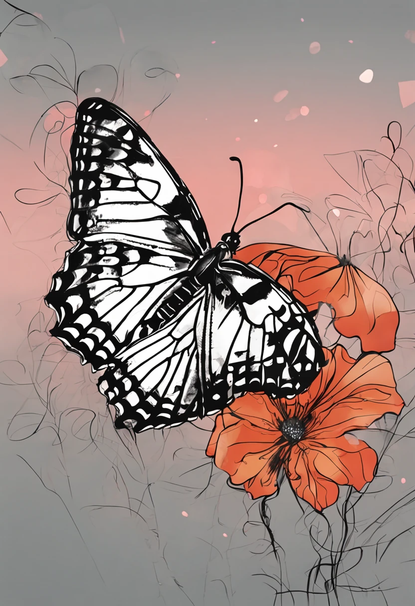 with a pure white background，Black lines，Simple butterfly painting