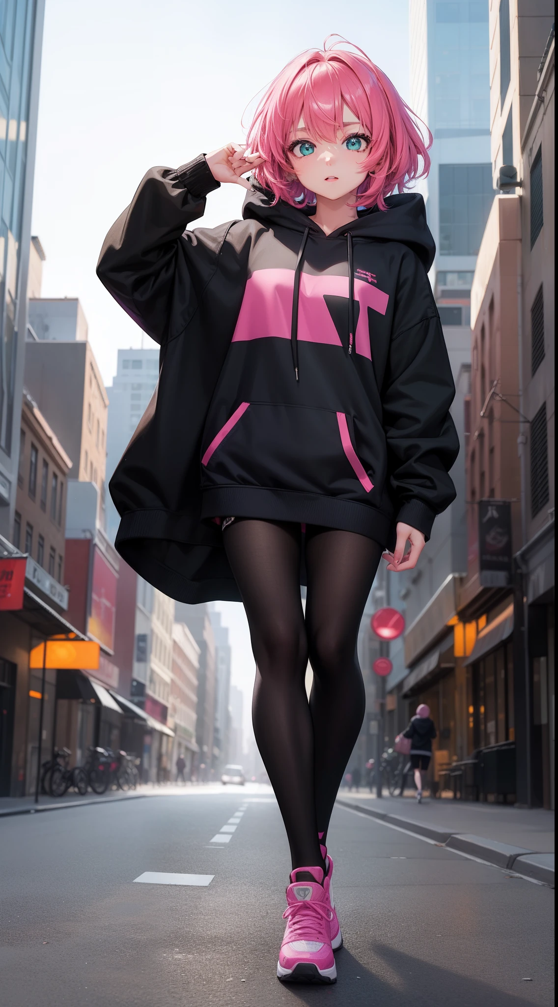 girl, (Masterpiece), (best anatomy), highres, ultra-detailed, dynamic lighting, dynamic colors, best background, best pose, beautiful, dreamy, dream girl, smooth skin, shiny skin, girl, Model, model pose, cute, hot, short bright pink hair, big neon green eyes, wide eyes, in the city, hoodie, black leggings, cute face, young face, teenager, oversized hoodie,