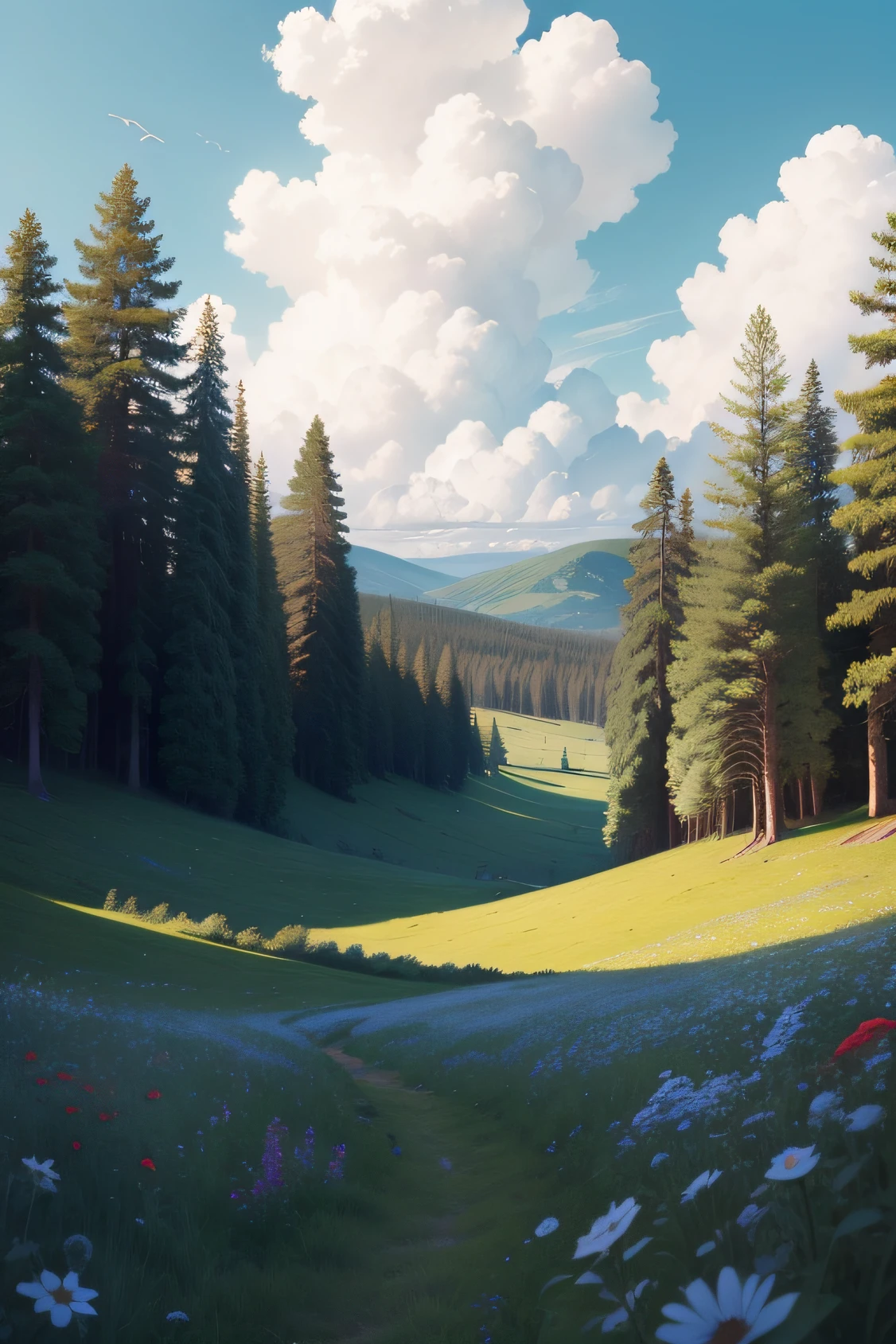 Realisticstyle,Wide viewing angle, A clearing in a forest full of wildflowers,Clear blue sky,massive clouds,There are running rabbits in the meadow,There are birds flying in the sky
