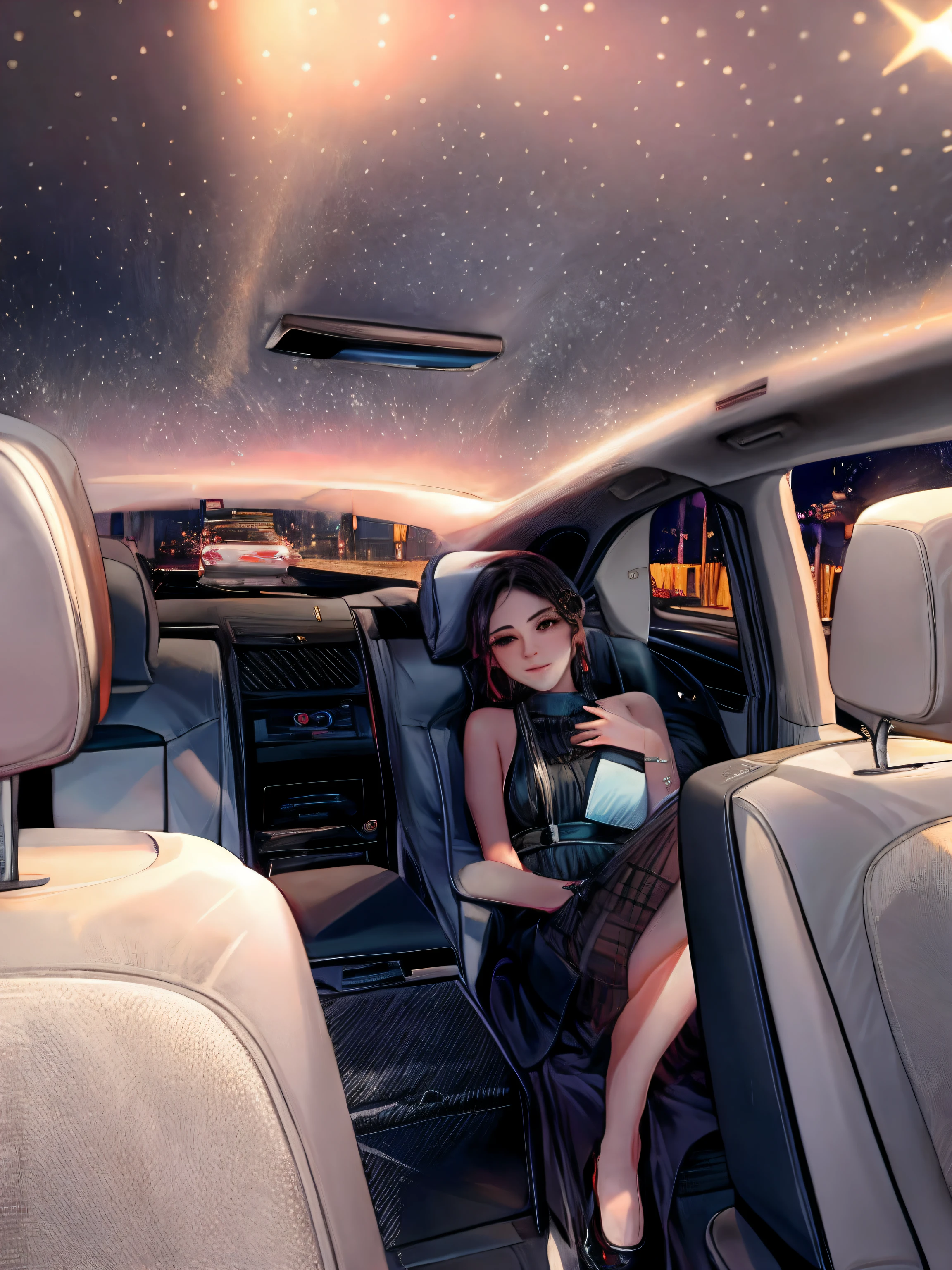 there is a woman sitting in the back seat of a car, sits in her car, LuxuryLifestyle, Luxurious, Celebrity, luxurious environment, luxury goods, With stars, dilraba dilmurat, zmonzheng, in majestic, 🤬 🤮 💕 🎀, High picture quality, ellegance, top down angle, luxury advertisement, high end interior, Gemma Chen