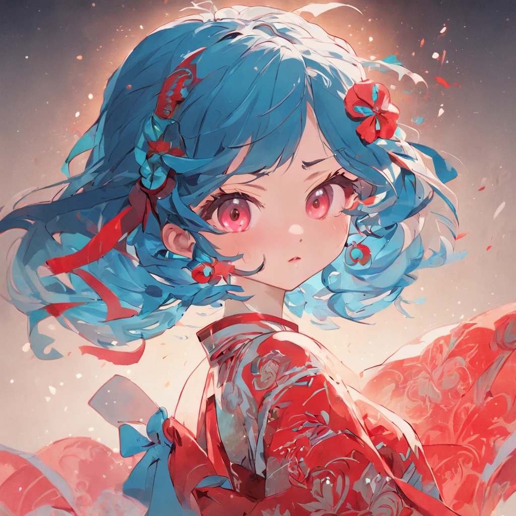 (White background:1.4),(Beautiful girl with big red bow on her head and blue dress, having fun, Short ear-length hair, Oriental elements),(Chinese illustration:1.3,paper art:1.3, Quilted paper art:1.2),( reasonable design, Clear lines, High sharpness,Best quality, Very detailed, Masterpiece, movie light effect, 4K )