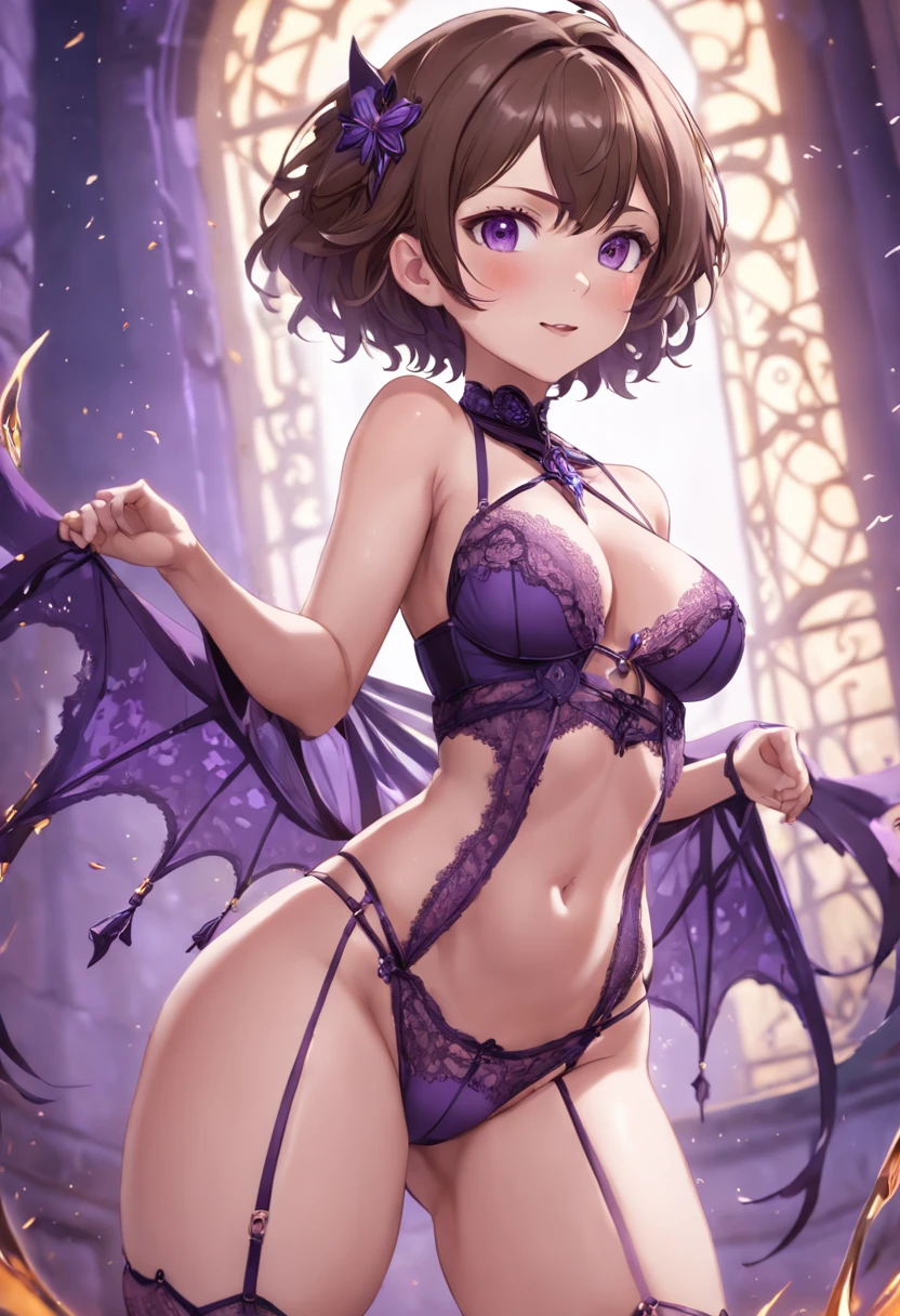 (((NSFW))), a stunning magica fantasy full-body portrait of a busty woman in dark purple racy lace underwear, wearing a garter belt, age 15, plummeting feminine features Neckline, Small Ears, Brown Hair, Short Wavy Hair, Smiling Happy, Dynamic Pose, Ticker, Fantasy, Extreme Detail, 4Kde, Ultra HD, Trending on ArtStation, Polished, Radiant, Vivid Flooded, background lighting, (8Kdende UltraHD), Unreal Engine 5 potions, intricately detailed, 3D vray details