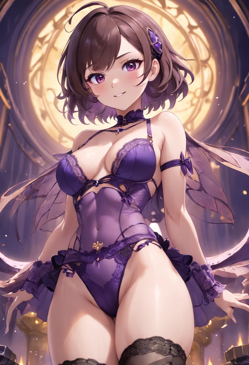 (((NSFW))), a stunning magica fantasy full-body portrait of a busty woman in dark purple racy lace underwear, wearing a garter belt, , plummeting feminine features Neckline, Small Ears, Brown Hair, Short Wavy Hair, Smiling Happy, Dynamic Pose, Ticker, Fantasy, Extreme Detail, 4Kde, Ultra HD, Trending on ArtStation, Polished, Radiant, Vivid Flooded, background lighting, (8Kdende UltraHD), Unreal Engine 5 potions, intricately detailed, 3D vray details