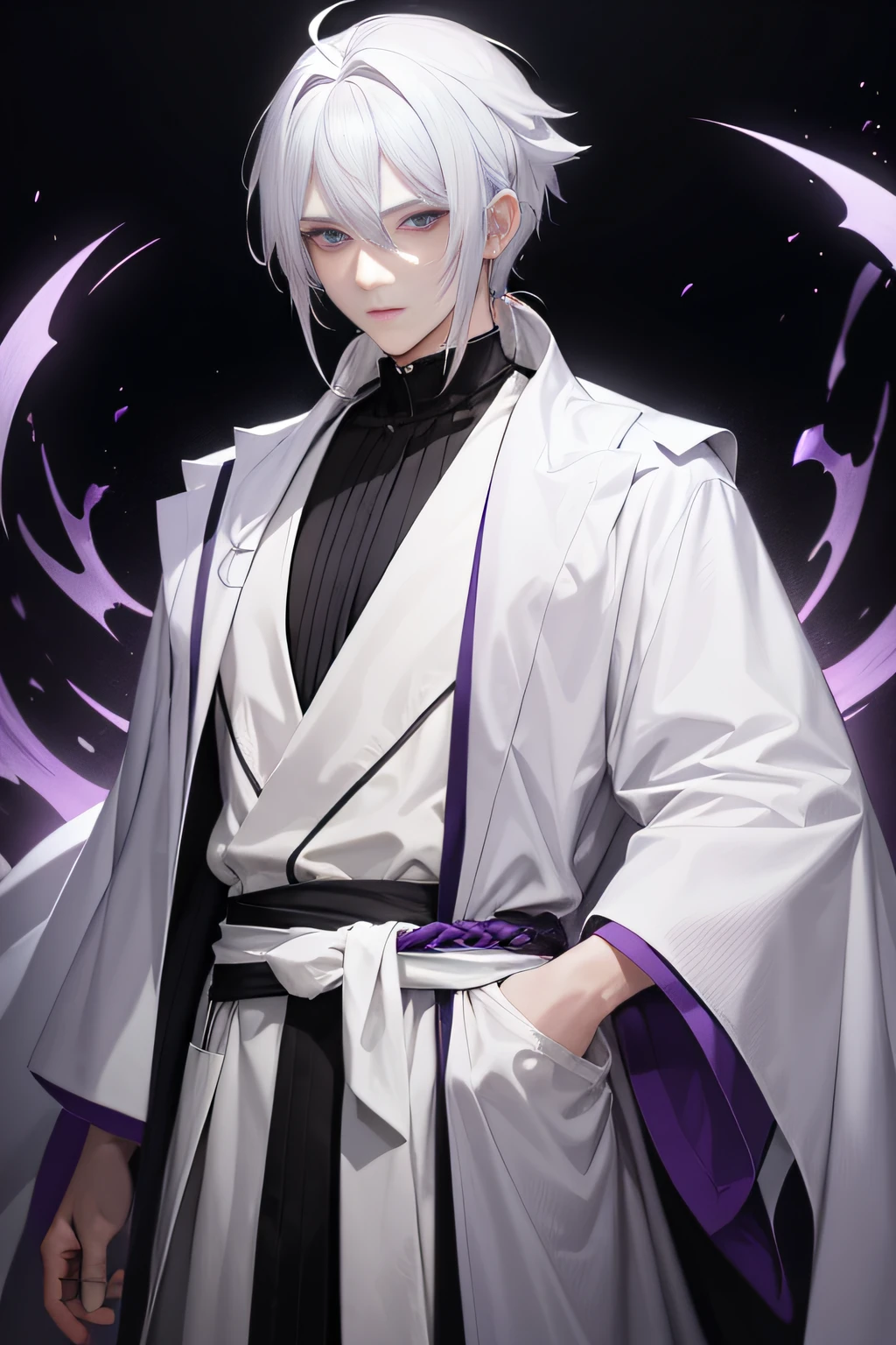 male person wearing a robe with white hair with hair tied at the back and purple eyes