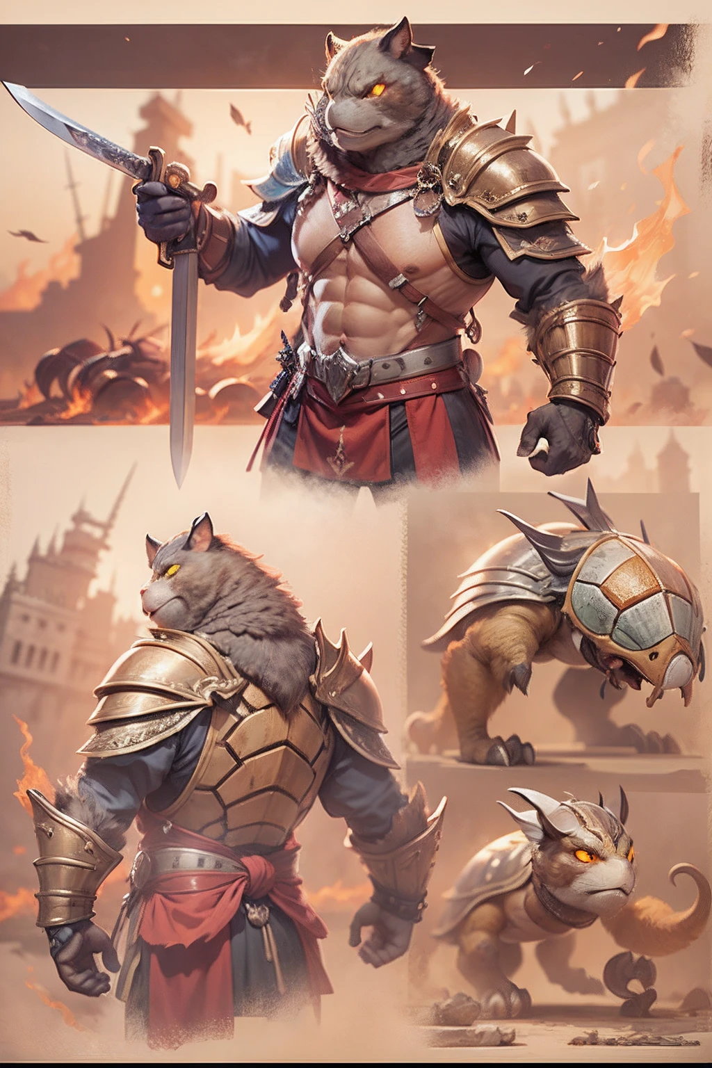 Game character design，Heads and tails，（anthropomorphic turtle），（Bullfighting warriors：1.4），Sword and shield，a tall body，Stout limbs，disdain，ran，tosen，The long hairs of the flame fluttered in the wind，combats，Dynamic lines，Dimly lit battlefield，Ruined castle，（stereoscopic perspective：1.4），Works of masters，super-fine，4K分辨率，high qulity，电影灯光，High picture detail，Detailed pubic hair，Epic shooting，Clearly focused hair，Detailed hair depiction，acurate