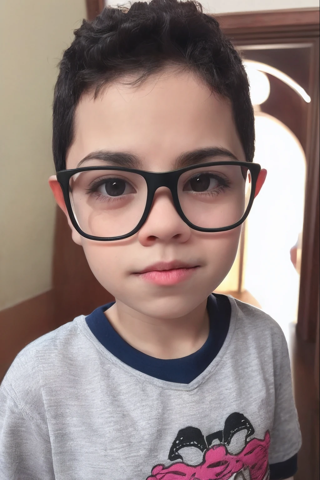 A RAW photograph capturing a hyper-realistic portrait of an adorable (((garoto vampiro))) ((5  boy wearing glasses)), usando sobretudo e capa preta, com gola alta, ((dentes caninos longos de vampiro)), Seu rosto esta sujo de sangue de s(((garoto vampiro))) uas vitimas. The setting is nocturnal and sinister, com um castelo medieval em desfoque no fundo. realista, detalhado, 8k, arte conceitual