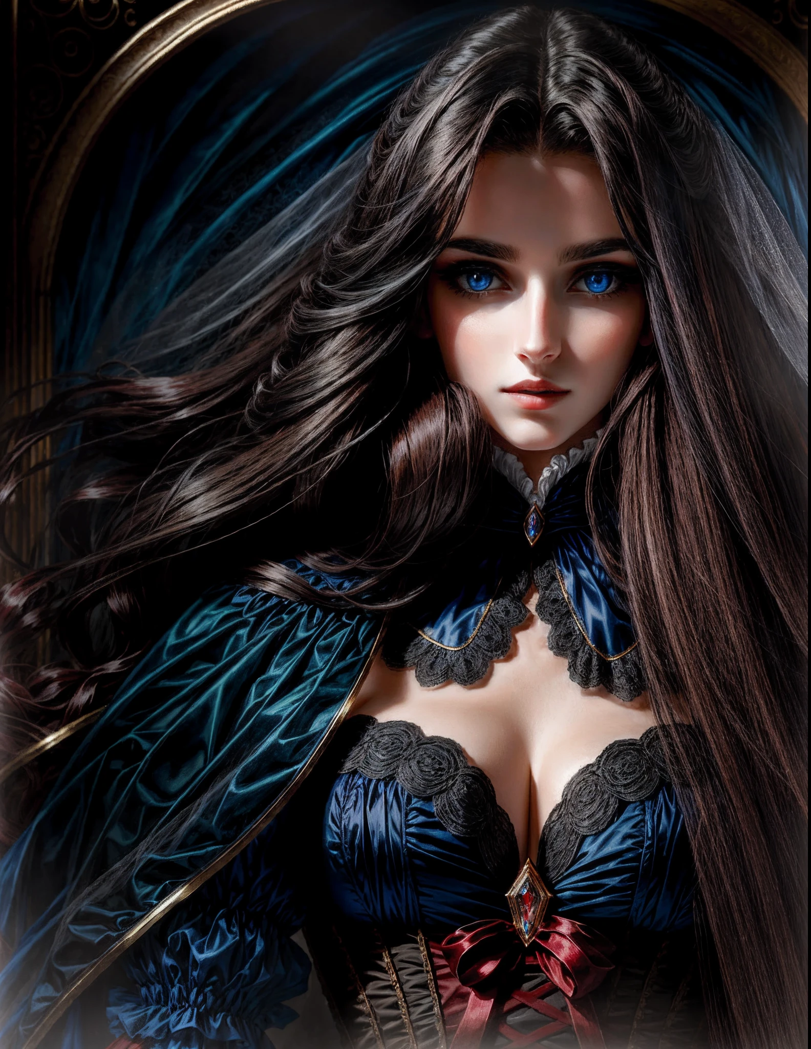 tmasterpiece,Highest quality,High detail,photorealestic,Vampire with dark blue eyes,Looks callous,High cold pride beautiful and beautiful,Black hair,Victorian,Supernatural,Elegant young woman,