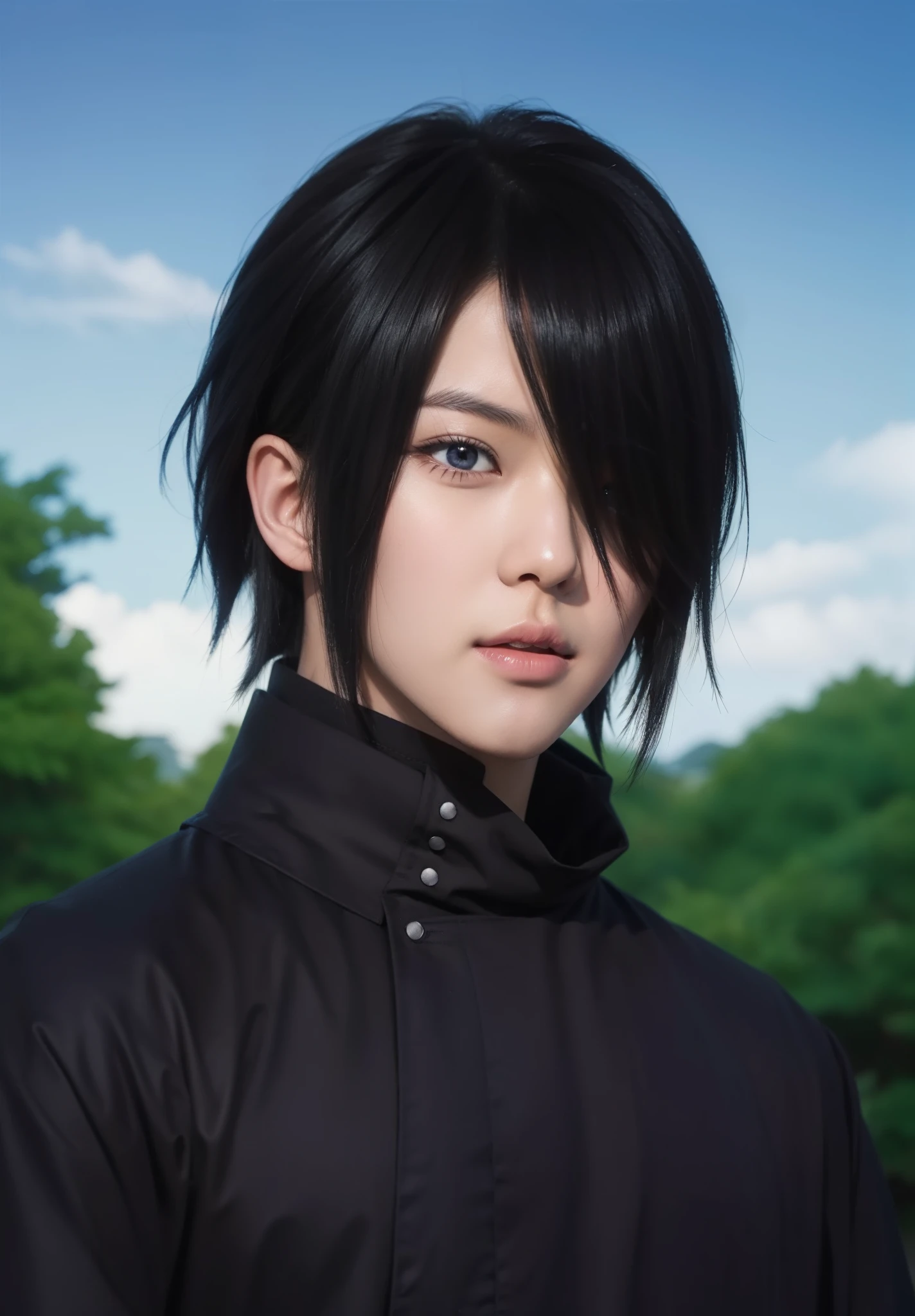 real Life adaption of this character,his name is Sasuke uchiha from anime naruto ,hyper realistic,detail realistic hairstyle ,(1 eye covered by hair), high resolution, photorealistic,very detailed,realistic outfit Black robe ,((korean teen handsome)) ,detailed realistic shining eyes,(photorealistic:1.4),(realism),realistic skin,,realistic ligh,realistic shadow,sharpen