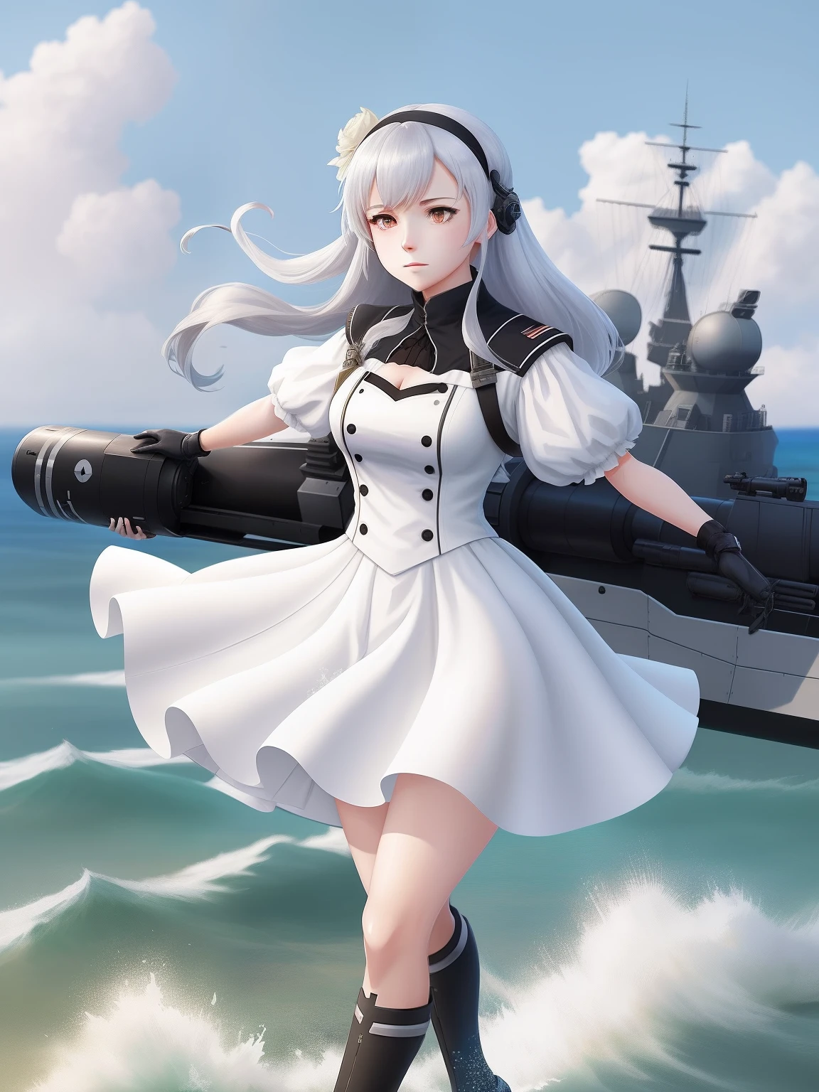 A woman in a white dress holds a cannon，Stand on a battleship, Kantai collection style, kancolle, azur lane style, konpeki no kantai, A scene from the《azur lane》videogame, girls frontline style, from girls frontline, girl with warship parts, 4k manga wallpapers, hd anime wallaper, 《Ghost Wind Special Assault Team》The art of pixels