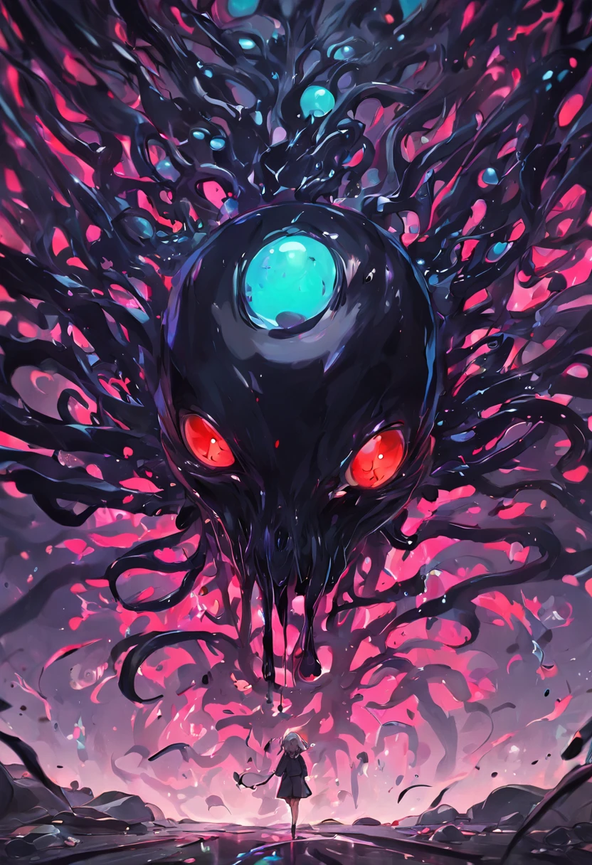 The black slime converges into a clump,A viscous black liquid drips from the huge eye,Black tentacles rise from the ground,A fantastical glow,armour,crystals