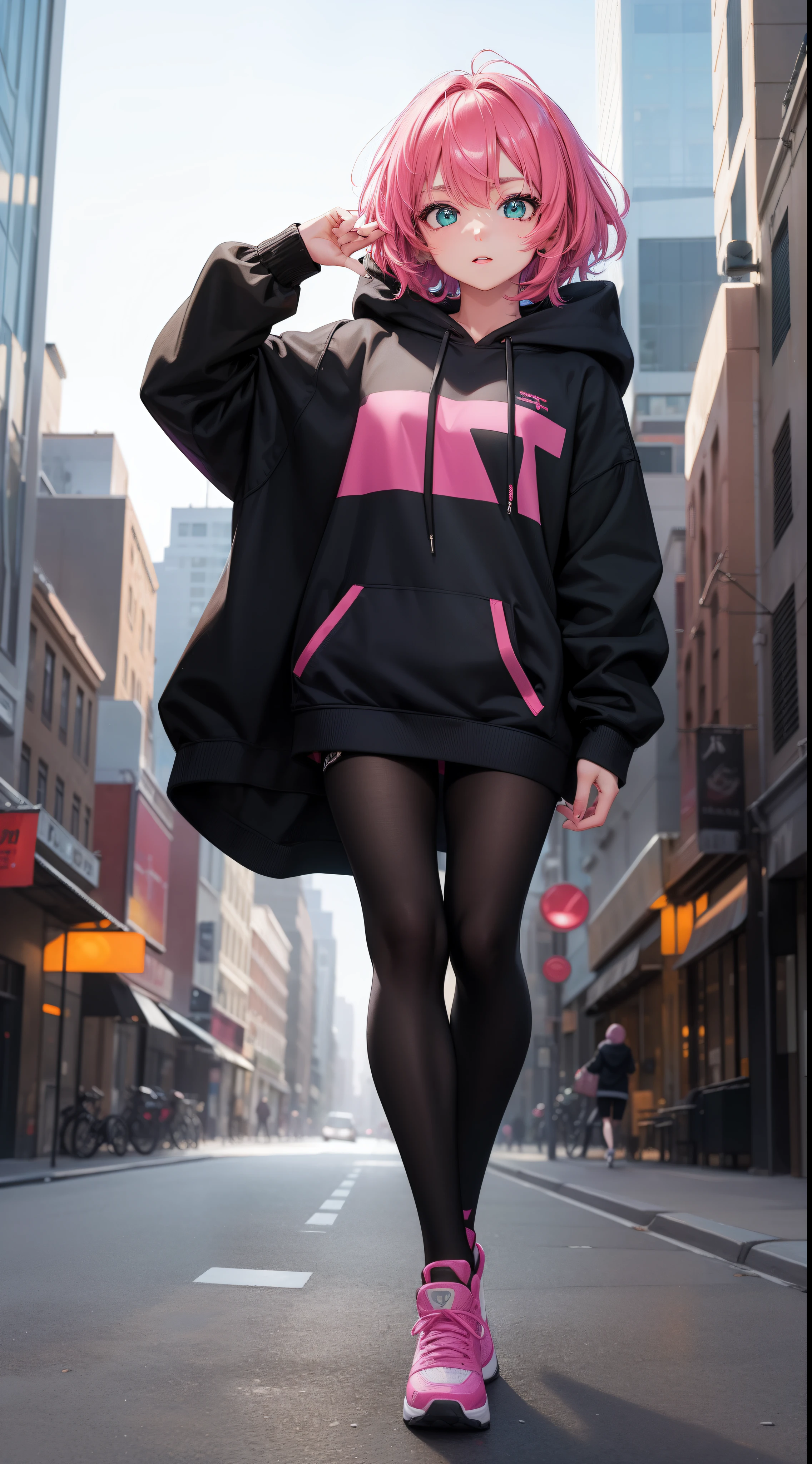 girl, (Masterpiece), (best anatomy), highres, ultra-detailed, dynamic lighting, dynamic colors, best background, best pose, beautiful, dreamy, dream girl, smooth skin, shiny skin, girl, Model, model pose, cute, hot, short bright pink hair, big neon green eyes, wide eyes, in the city, hoodie, black leggings, cute face, young face, ager, oversized hoodie,